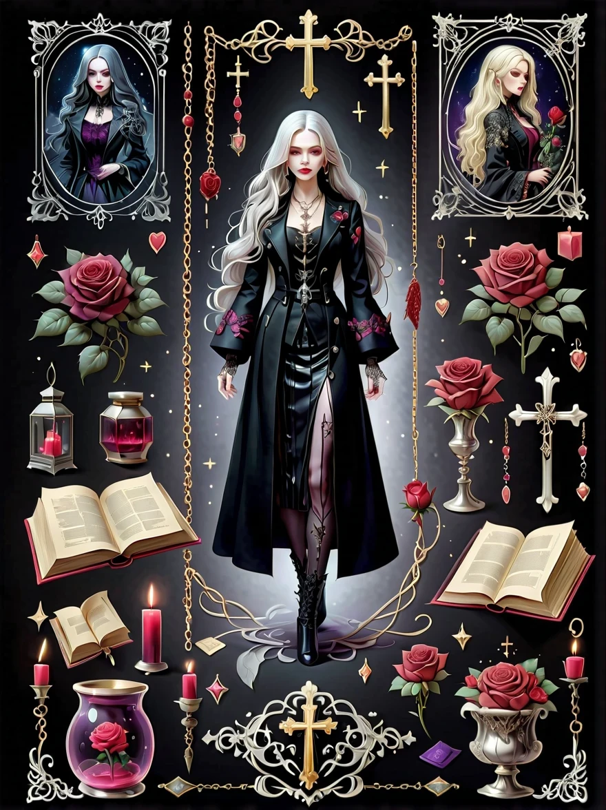 （Gothic character design sheet:1.5），(Scary dolls，Red or dark purple lace、Embroidery and other decorations。She was wearing a long black coat and a tight skirt，Show elegant and mysterious temperament。Wearing a silver cross、chain etc..，old magic book，Romantic roses，（orderly row:1.2，interval:1.2，no overlap:1.2），((clear lines，clean background，White background, ultra high definition, masterpiece, precise, anatomically correct, textured skin, Super detailed, high detail, best quality, 8k))