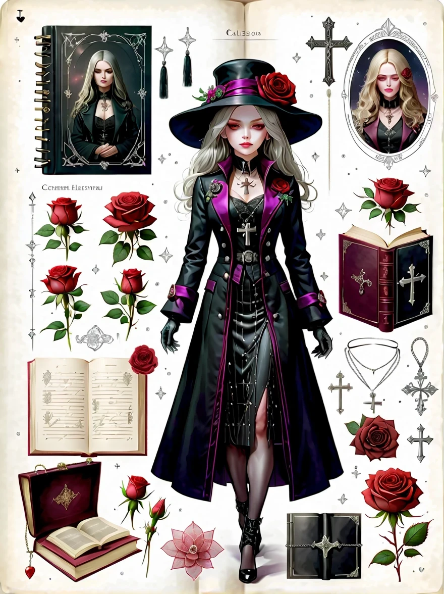 （Gothic character design sheet:1.5），(Scary dolls，Red or dark purple lace、Embroidery and other decorations。She was wearing a long black coat and a tight skirt，Show elegant and mysterious temperament。Wearing a silver cross、chain etc..，old magic book，Romantic roses，（orderly row:1.2，interval:1.2，no overlap:1.2），((clear lines，clean background，White background, ultra high definition, masterpiece, precise, anatomically correct, textured skin, Super detailed, high detail, best quality, 8k))