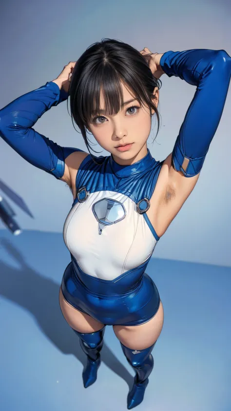 (masterpiece、highest quality、highest resolution、clear_image、Detailed details、Angle from above): (full body figure、15 year old girl、Japanese face、small face、thin、navy blue super short bob cut hair、blue colored eyes、blue and black shiny pilot suit、armor that...