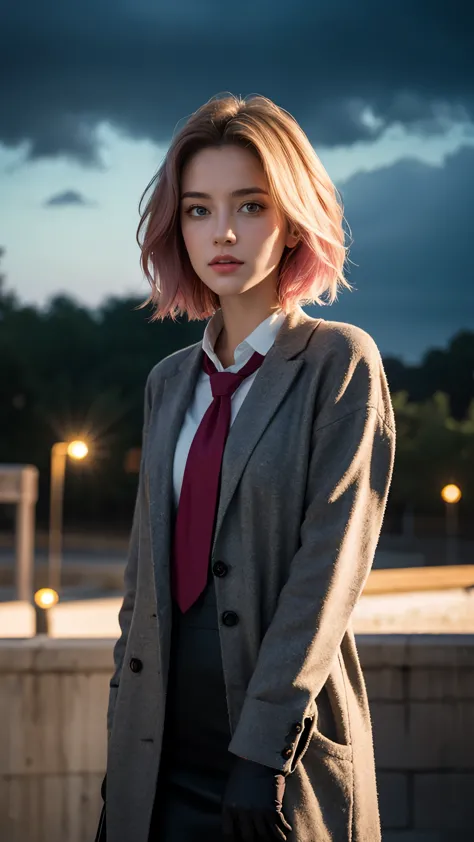 1 girl, casual clothes, princess, tie, gloves, outdoor, sky, full moon, rain, pink hair, forehead showing, short hair, blue eyes...