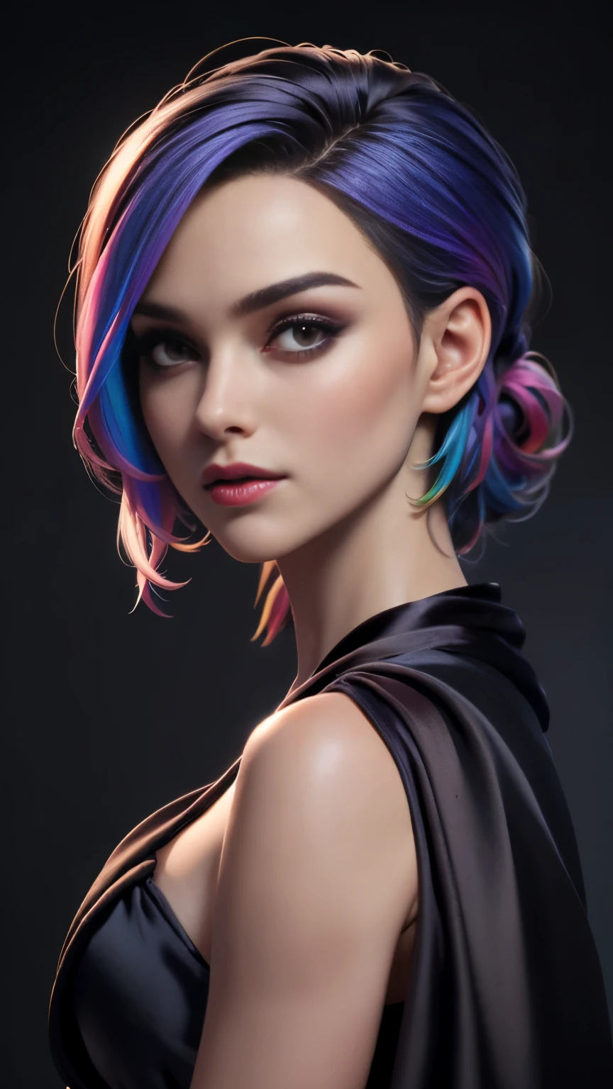 photo of celebrity, RAW, beautiful woman, ((portrait)), ((detailed face, colorful rainbow hair:1.2)), ((detailed facial feature, detailed skin, clear skin, parted lips), (perfect proportioned body, medium breasts, side boob), (wearing black silk robe: 1.5)), (high detailed bedroom: 1.3), (side profile, realistic photo, best quality, detailed), (8k wallpaper), (cinematic lighting, dramatic lighting) (sharp focus, intricate)