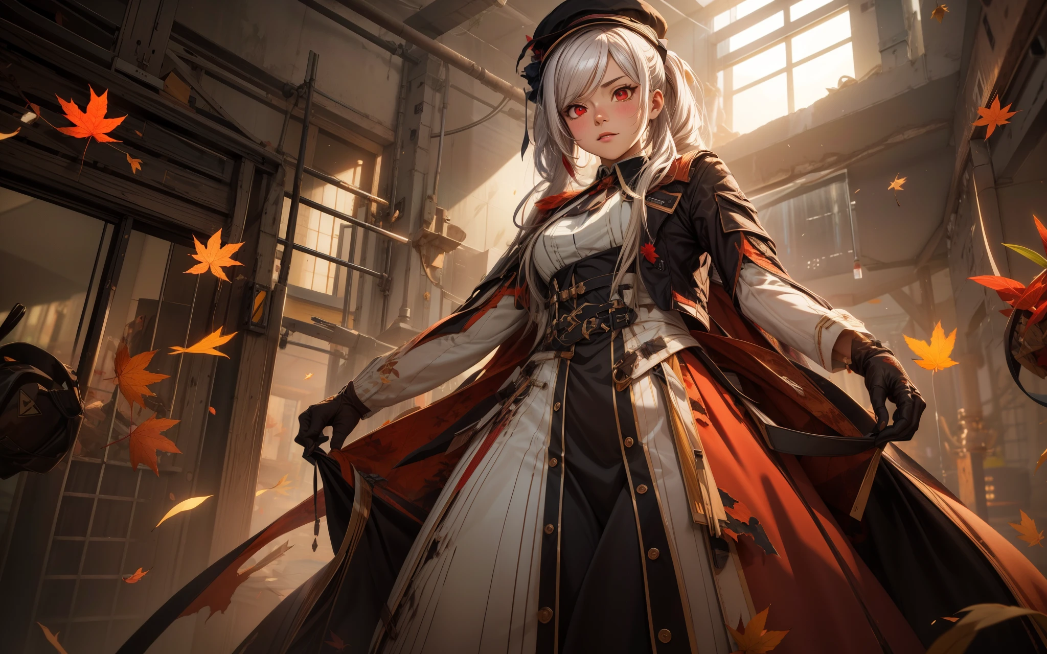 silver hair, twintail, bow, red eyes, 1girl, breasts, hat, gloves, autumn leafs, dress, solo, black_headwear, looking_at_viewer, medium_breasts, black_gloves, red_dress, torn_clothes,  standing, red_eyes, cloak, dutch_angle, from_below, indoors, holding, red_gloves, glow effects, godrays, Hand drawn, render, 8k, octane render, cinema 4d, blender, dark, atmospheric 4k ultra detailed, cinematic, Sharp focus, big depth of field, Masterpiece, colors, 3d octane render, 4k, concept art, trending on artstation, hyperrealistic, Vivid colors, extremely detailed CG unity 8k wallpaper, trending on CGSociety, Intricate, High Detail, dramatic