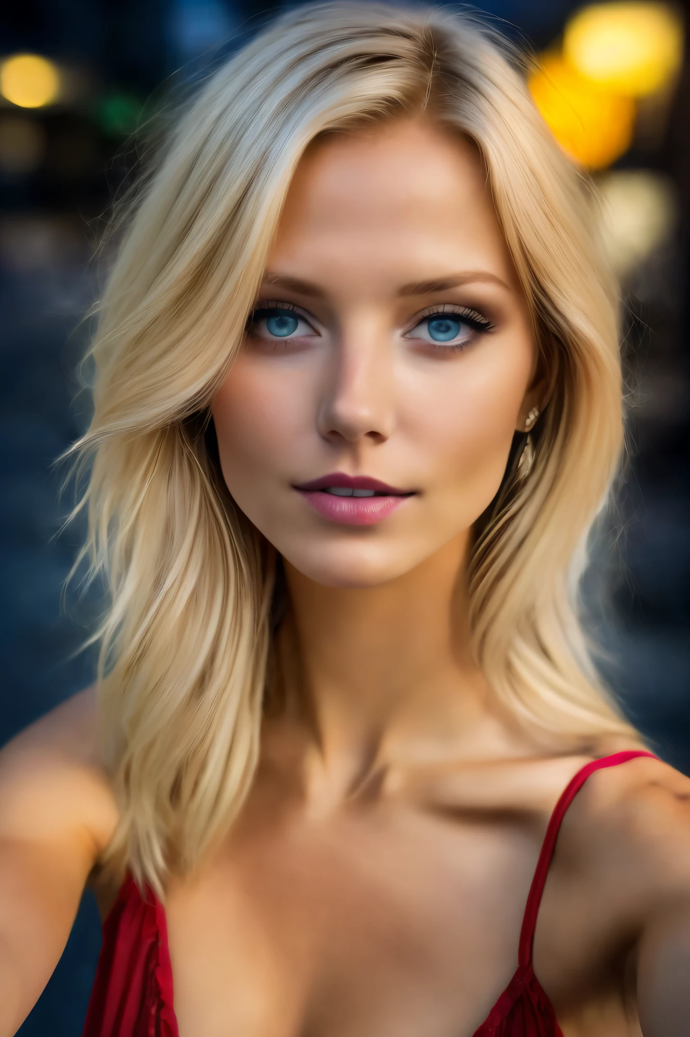 (selfie shot, from above:1.4), (half body postrait:1.4), RAW uhd portrait photo of a 24-year-old blonde (blue-eyed woman) walking down a dark alleyway, natural breasts_b, nighttime city background, (red sundress), (cleavage), detailed (textures!, hair!, shine, color!!, imperfections:1.1), highly detailed glossy eyes, (looking at the camera), specular lighting, dslr, ultra quality, sharp focus, tack sharp, dof, film grain, (centered), Fujifilm XT3, crystal clear, center of frame, cute face, sharp focus, street lamp, neon lights, bokeh, (dimly lit), low key, at night, (night sky)  detailed skin pores, oiled skin, tan, intricate eye detail