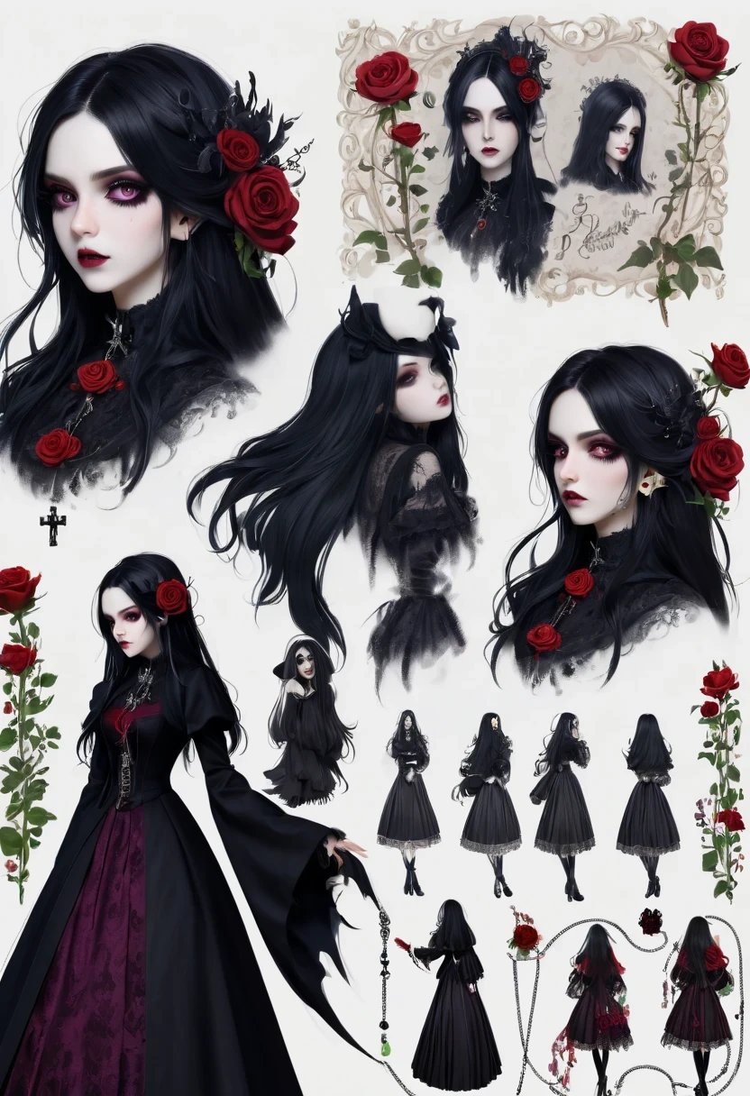 A group of pictures of a woman with long black hair and roses - SeaArt AI