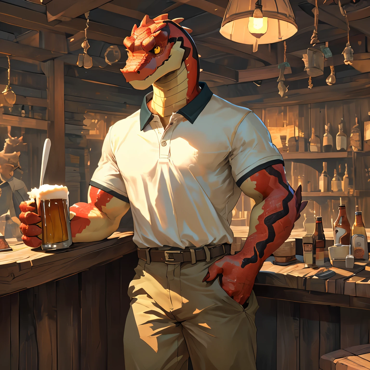 (red snake, scalie, polo shirt, collar shirt, golf polo, male, khaki pants), high quality, uploaded on e621, (by barstika,by cutesexyrobutts ,by hioshiru ,best quality, 3d), adventurer, in a tavern, beer mug in hand, smiling, muscular, snake eyes, yellow eyes