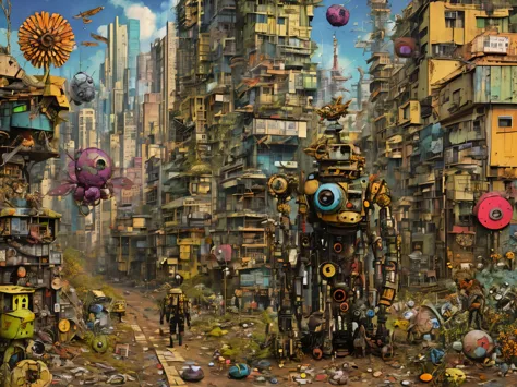 gonzobugs cute rusty robot , scrapland, a lot of scraps, peces, parts, vehicle, agate geode dandelion clowncore, war-torn post a...