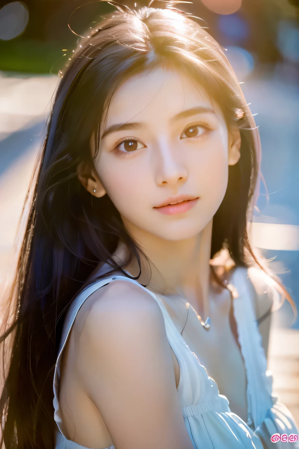 ８ｋ、High resolution、Beautiful Girl of the Wizard、young、white skin,、narrow eyes,high nose,lighting that illuminates the face、clear image、intellectual beauty、skinny、no makeup、The expression you show to your lover,shining hair、single eyelid,、vivid pose、looking at camera、relax on vacation