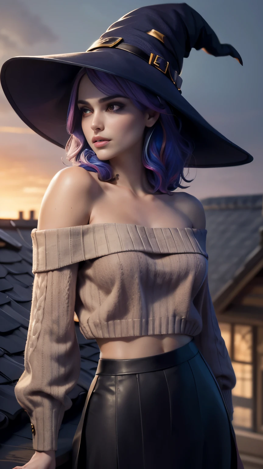 photo of celebrity, RAW, beautiful woman, ((portrait)), ((detailed face, colorful rainbow hair:1.2)), ((detailed facial feature, detailed skin, clear skin, parted lips), (perfect proportioned body, medium breasts, side boob), (wearing a cropped off shoulder sweater, a long skirt, and witch hat: 1.5)), (high detailed Manor rooftop: 1.3), (side profile, realistic photo, best quality, detailed), (8k wallpaper), (cinematic lighting, dramatic lighting) (sharp focus, intricate)