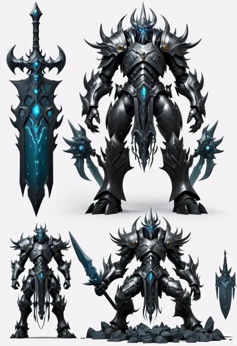 (character design sheet:1.5)，Demonic battlefield，Mechanical Lich King，The Lich King&#39;s future weapons，Mechanical structure，High-tech equipment，magical creatures，three sided view, figure, Reference table, gothic art, ultra high definition, retina, master...