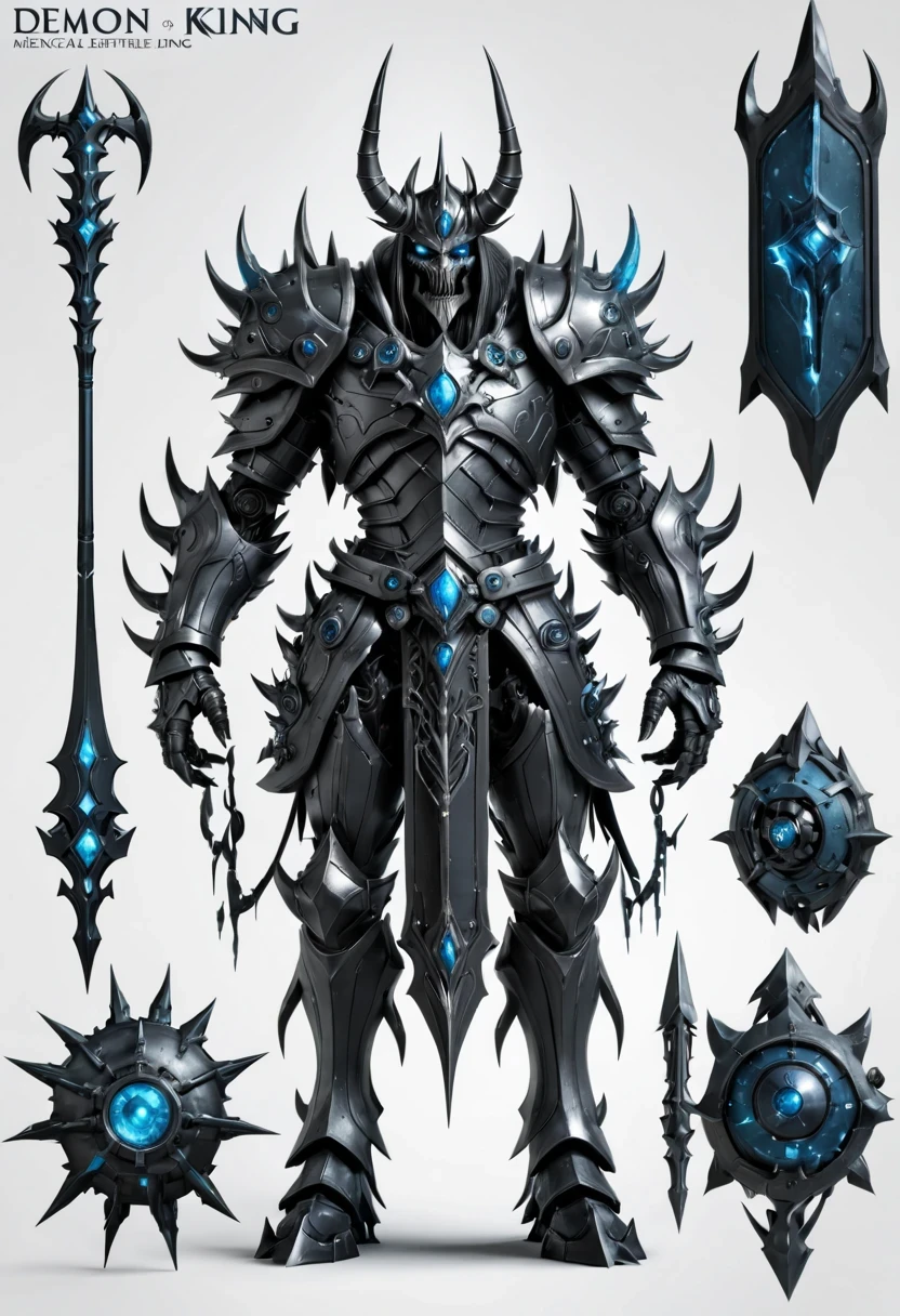 (character design sheet:1.5)，Demonic battlefield，Mechanical Lich King，The Lich King&#39;s future weapons，Mechanical structure，High-tech equipment，magical creatures，three sided view, figure, Reference table, gothic art, ultra high definition, retina, masterpiece, 1080p, 16k, Award-winning