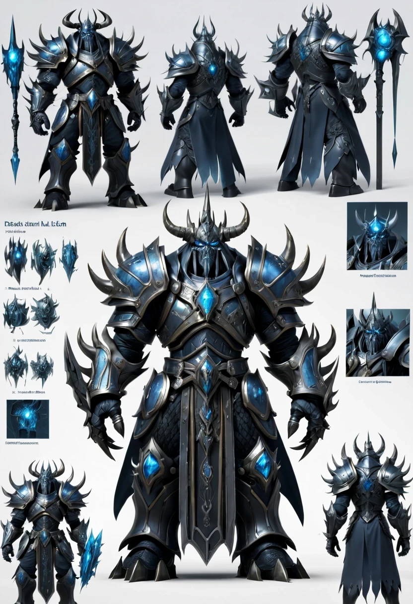 (character design sheet:1.5)，Demonic battlefield，Mechanical Lich King，The Lich King&#39;s future weapons，Mechanical structure，High-tech equipment，magical creatures，three sided view, figure, Reference table, gothic art, ultra high definition, retina, masterpiece, 1080p, 16k, Award-winning