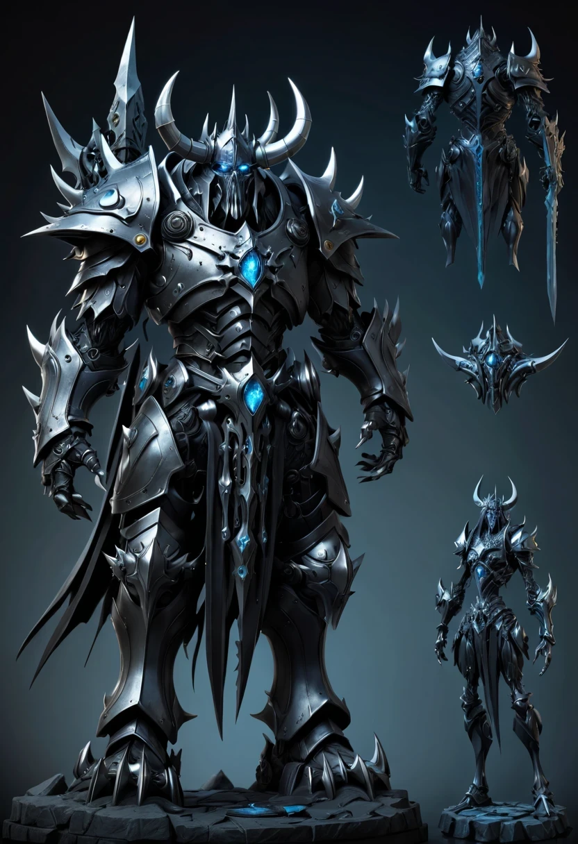 (character design sheet:1.5)，Demonic battlefield，Mechanical Lich King，The Lich King&#39;s future weapons，Mechanical structure，High-tech equipment，magical creatures，three sided view, figure, Reference table, gothic art, ultra high definition, retina, masterpiece, 1080p, 16k, Award-winning