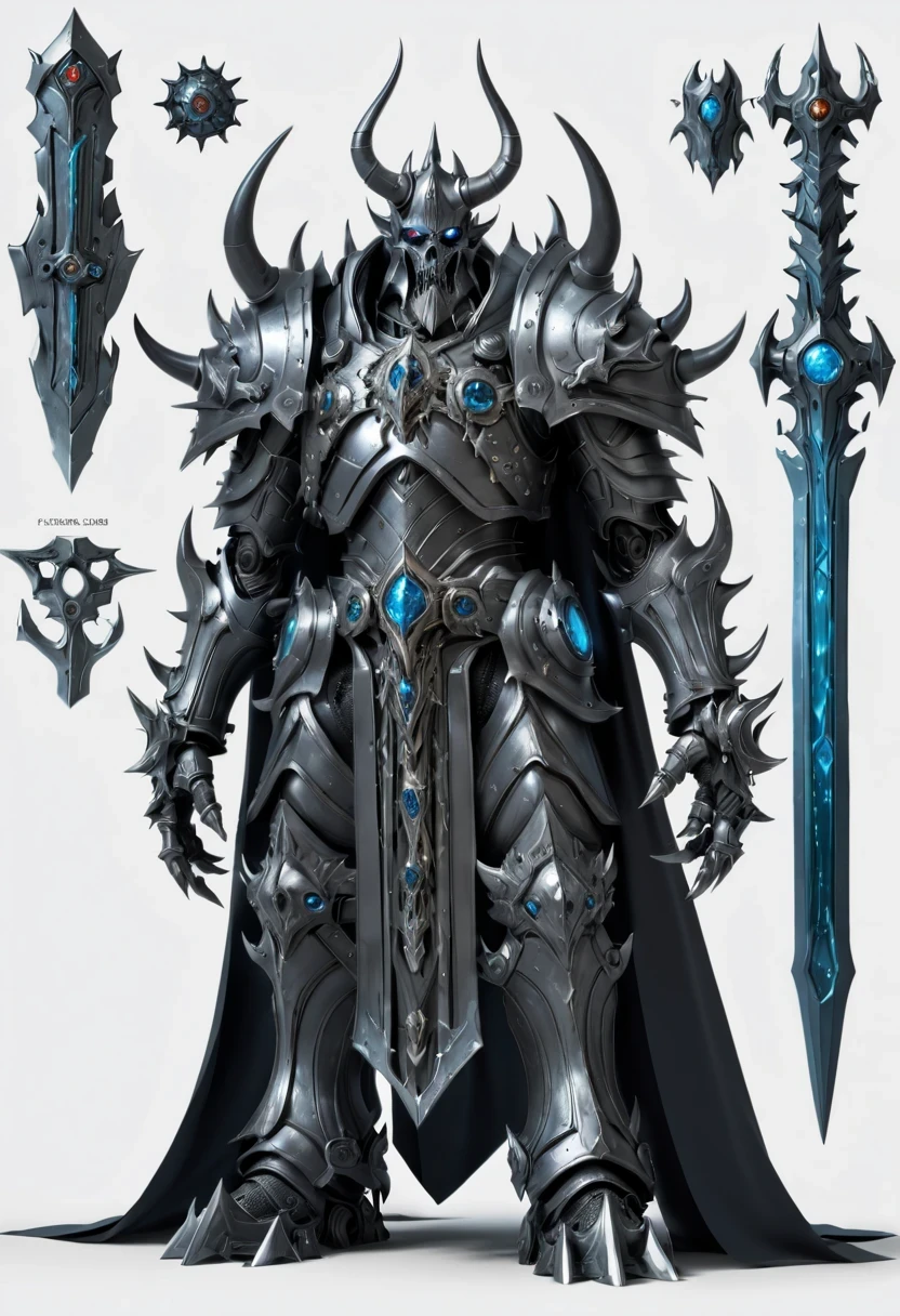 (character design sheet:1.5)，Demonic battlefield，Mechanical Lich King，The Lich King&#39;s future weapons，Mechanical structure，High-tech equipment，magical creatures，three sided view, figure, Reference table, gothic art, ultra high definition, retina, masterpiece, 1080p, 16k, Award-winning