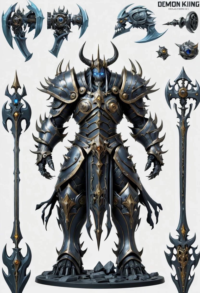 (character design sheet:1.5)，Demonic battlefield，Mechanical Lich King，The Lich King&#39;s future weapons，Mechanical structure，High-tech equipment，magical creatures，three sided view, figure, Reference table, gothic art, ultra high definition, retina, masterpiece, 1080p, 16k, Award-winning