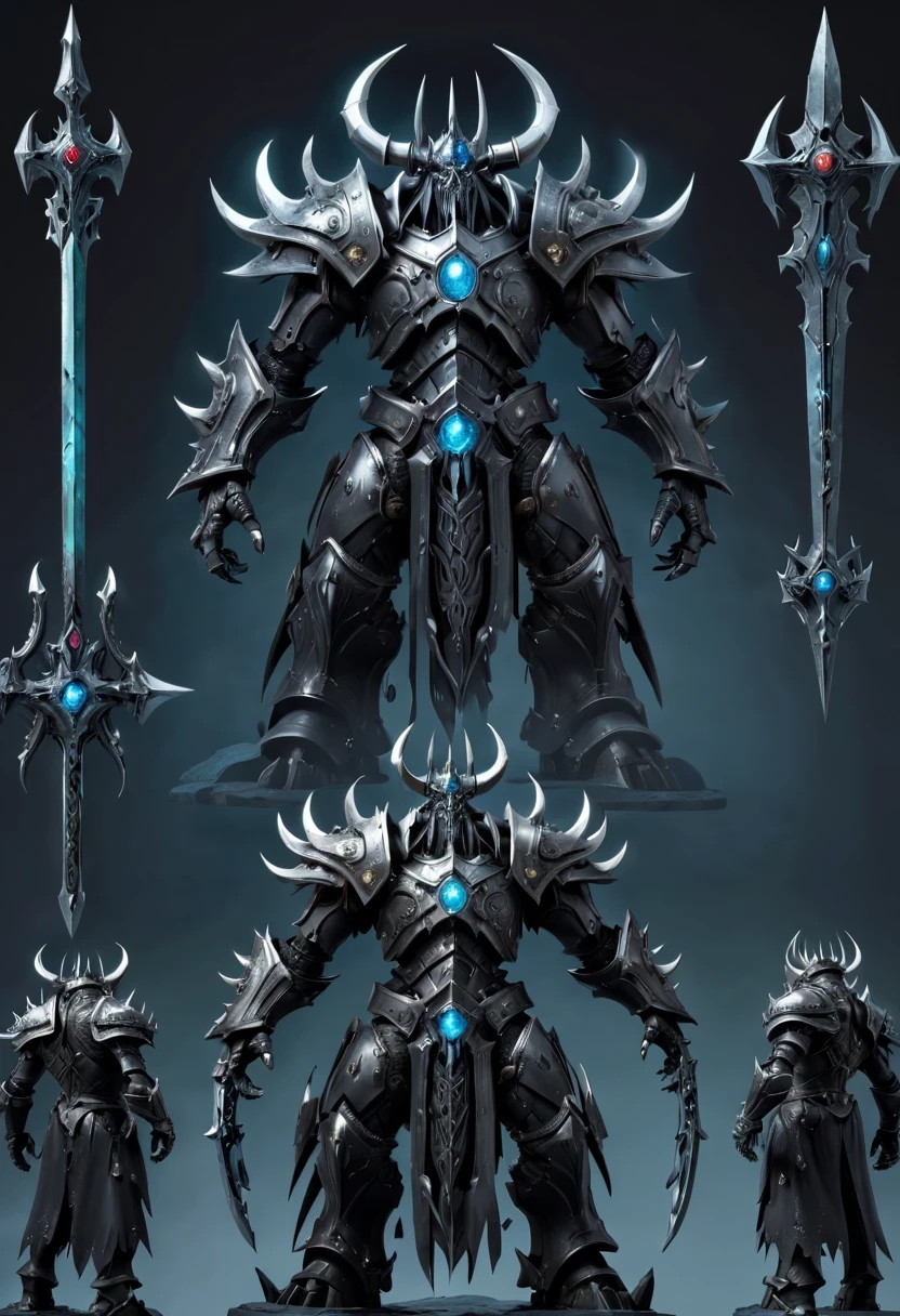 (character design sheet:1.5)，Demonic battlefield，Mechanical Lich King，The Lich King&#39;s future weapons，Mechanical structure，High-tech equipment，magical creatures，three sided view, figure, Reference table, gothic art, ultra high definition, retina, masterpiece, 1080p, 16k, Award-winning