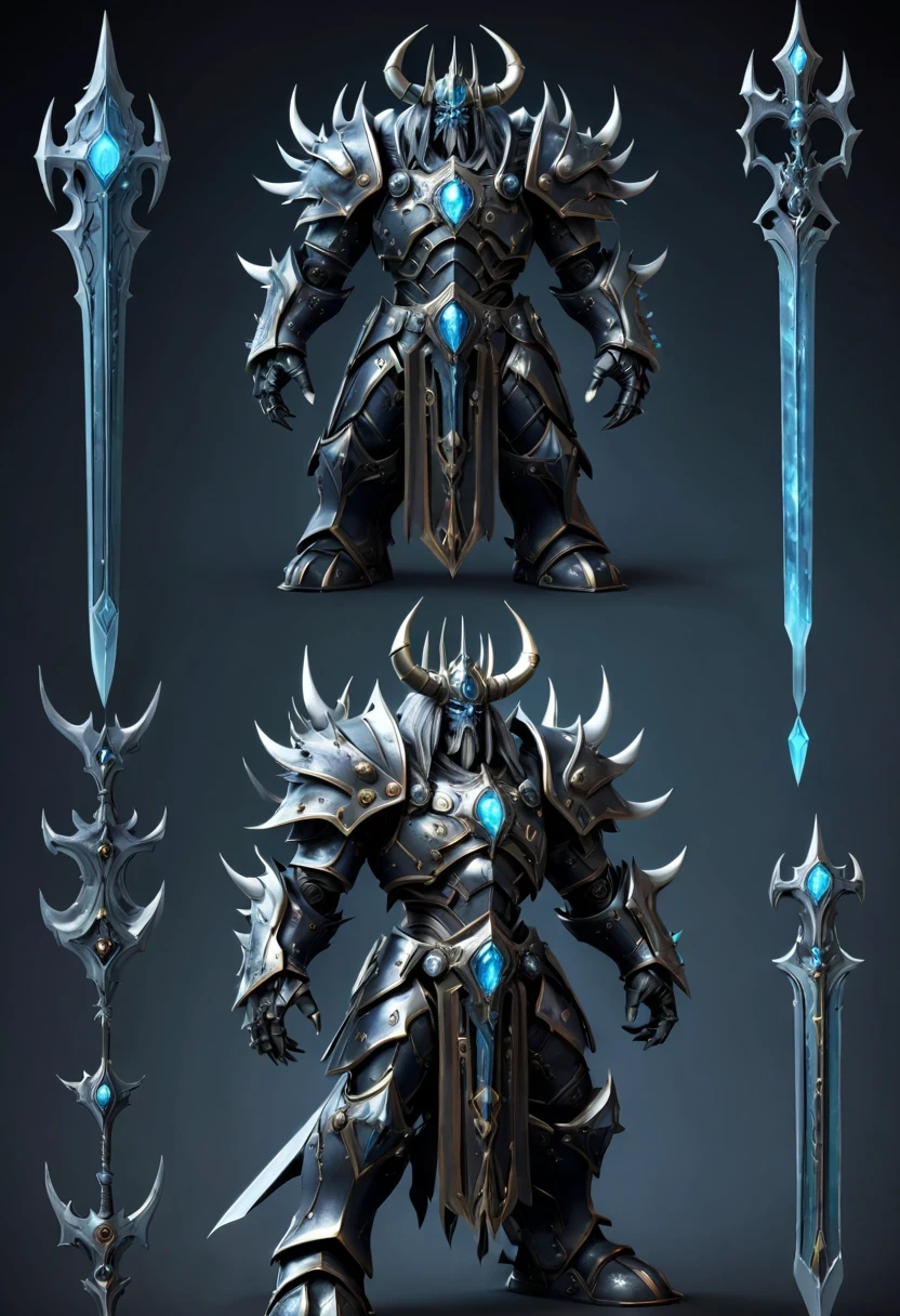 (character design sheet:1.5)，Demonic battlefield，Mechanical Lich King，The Lich King&#39;s future weapons，Mechanical structure，High-tech equipment，magical creatures，three sided view, figure, Reference table, gothic art, ultra high definition, retina, masterpiece, 1080p, 16k, Award-winning