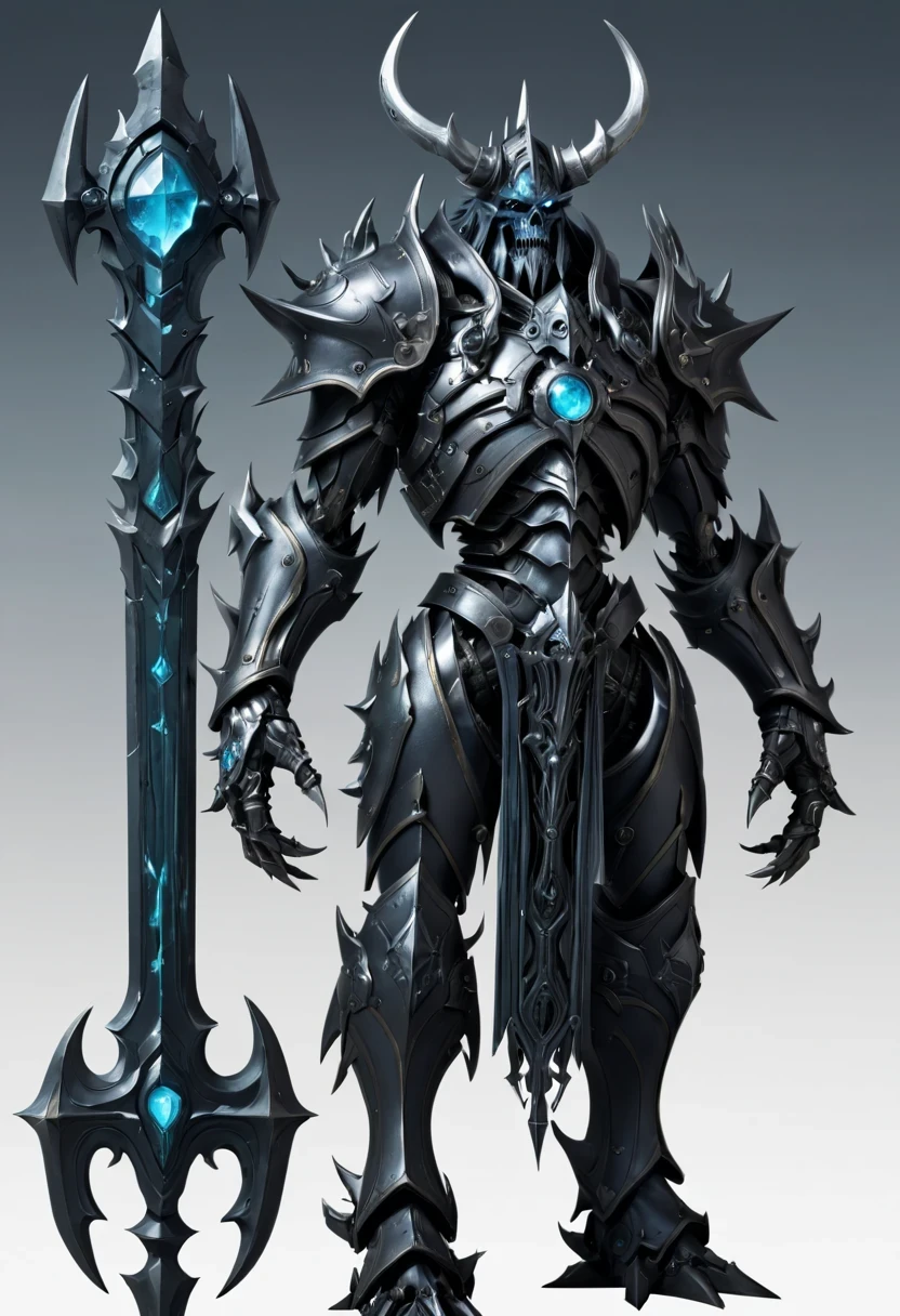 (character design sheet:1.5)，Demonic battlefield，Mechanical Lich King，The Lich King&#39;s future weapons，Mechanical structure，High-tech equipment，magical creatures，three sided view, figure, Reference table, gothic art, ultra high definition, retina, masterpiece, 1080p, 16k, Award-winning