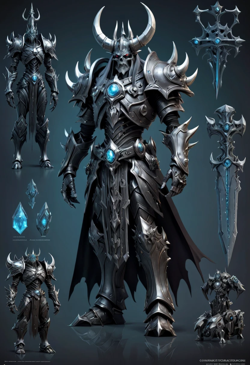 (character design sheet:1.5)，Demonic battlefield，Mechanical Lich King，The Lich King&#39;s future weapons，Mechanical structure，High-tech equipment，magical creatures，three sided view, figure, Reference table, gothic art, ultra high definition, retina, masterpiece, 1080p, 16k, Award-winning