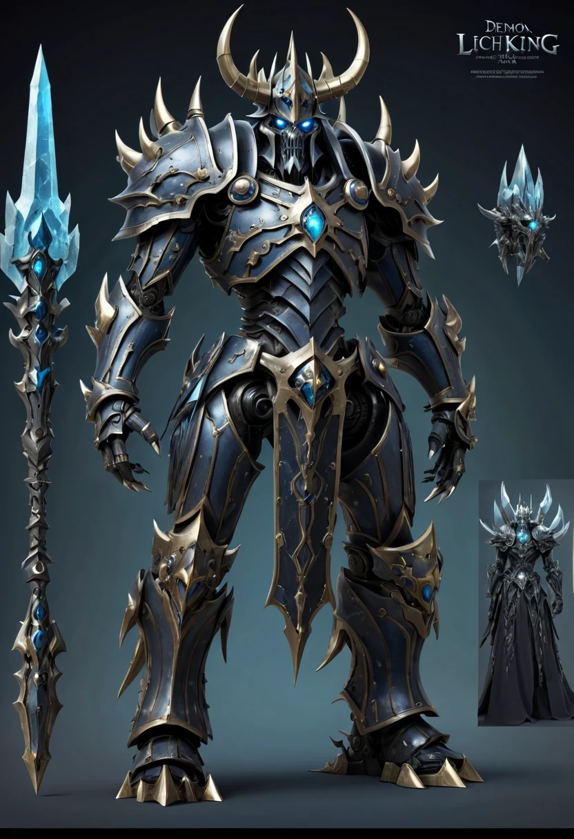 (character design sheet:1.5)，Demonic battlefield，Mechanical Lich King，The Lich King&#39;s future weapons，Mechanical structure，High-tech equipment，magical creatures，three sided view, figure, Reference table, gothic art, ultra high definition, retina, masterpiece, 1080p, 16k, Award-winning