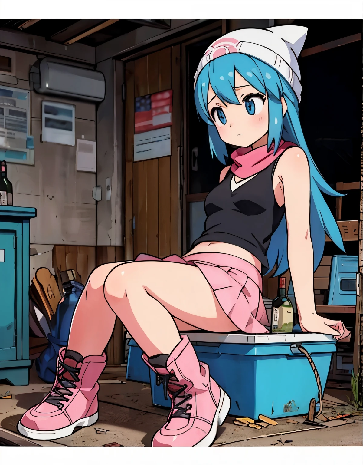 Anime girl sitting on a tub in a room with a blue cabinet - SeaArt AI