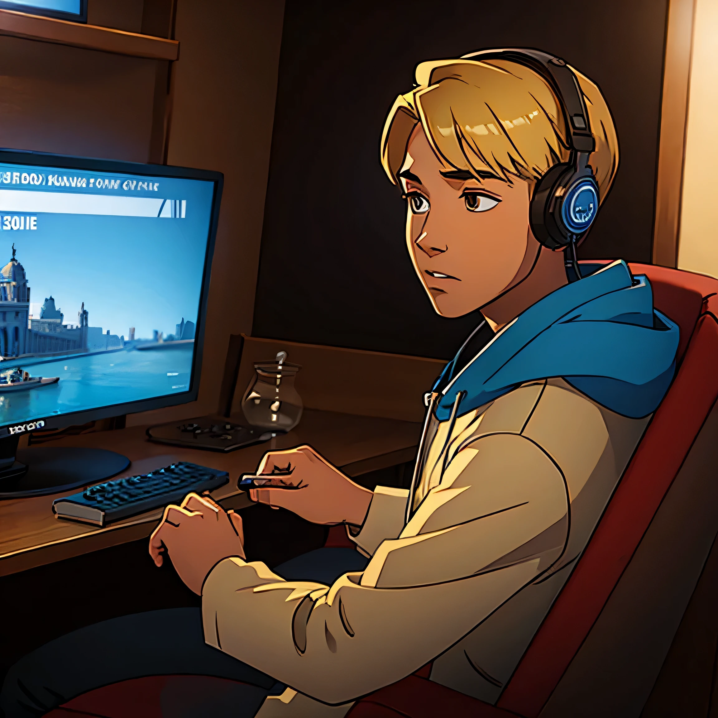 A BLONDE TEENAGER WITH BROWN EYES AND WITH HEADPHONES PLAYING VIDEO GAME
