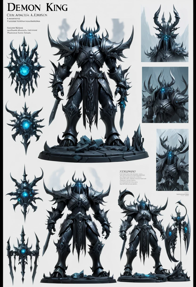 (character design sheet:1.5)，Demonic battlefield，Mechanical Lich King，The Lich King&#39;s future weapons，Mechanical structure，High-tech equipment，magical creatures，three sided view, figure, Reference table, gothic art, ultra high definition, retina, masterpiece, 1080p, 16k, Award-winning