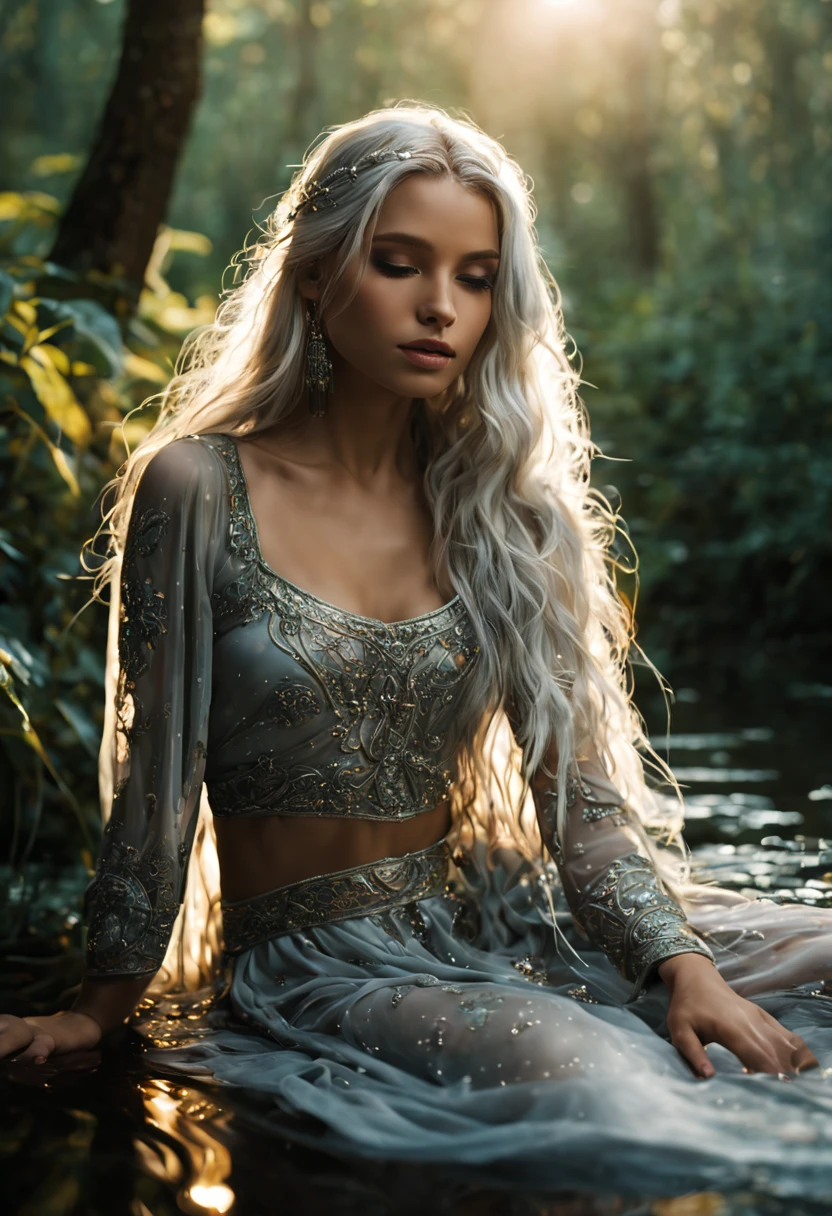 (a beautiful girl|a young woman|a graceful lady) with (shimmering|glistening|silver) ankle-length hair, wearing a (delicate|airy|flowing) tribal outfit (made of|spun from) (fine|delicate) (spider silk|silk), (resembling|similar to) a dark elf. She appears to be around 25 years old. The (immaculate|intricate) tribal patterns on her outfit add to her (mysterious|enchanting) aura. Her (piercing|alluring) eyes are (bright|sparkling) and (full of determination). Her (lipouth) are perfectly shaped and adorned with a (subtle|gentle) hint of color. She is (gracefully|elegantly) (bent down|crouching|stooped) by a (clear|crystal-like) stream, delicately gathering water with her (bare|long-fingered) hands. The stream's clear water reflects the surrounding (lush|vibrant) vegetation, adding a (serene|calming) touch to the scene. (Sunlight|Gentle rays of sunlight) peep through the canopy, (illuminating|highlighting) her (radiant|luminous) features. The atmosphere is filled with a sense of tranquility and (harmony|peace). The image quality is of the utmost importance, with (best quality|4k resolution|ultra-detailed) details. The colors are (vivid|rich|deep), enhancing the overall (visual impact|aesthetic appeal). The lighting is (soft|gentle|subtle) yet (enough to accentuate|perfectly highlighting) the girl's facial features and the landscape. The blend of (nature-inspired|ethereal) tones and shades adds a touch of (mysticism|magic) to the artwork. The artistic style successfully combines elements of fantasy and realism, with a focus on (capturing|portraying) the girl's (natural beauty|ethereal grace). The scene is reminiscent of a (captivating|enchanting) artwork that invites viewers into a world of wonder and awe.