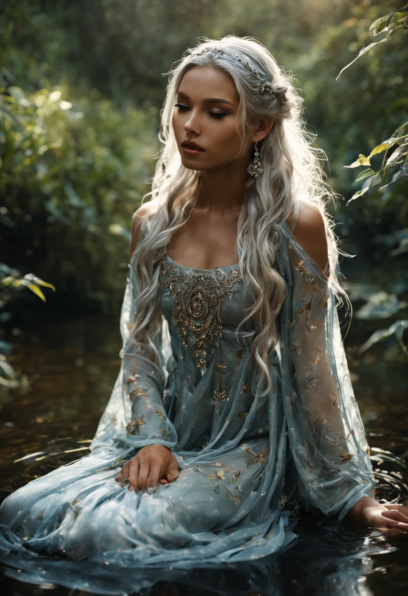 (a beautiful girl|a young woman|a graceful lady) with (shimmering|glistening|silver) ankle-length hair, wearing a (delicate|airy|flowing) tribal outfit (made of|spun from) (fine|delicate) (spider silk|silk), (resembling|similar to) a dark elf. She appears to be around 25 years old. The (immaculate|intricate) tribal patterns on her outfit add to her (mysterious|enchanting) aura. Her (piercing|alluring) eyes are (bright|sparkling) and (full of determination). Her (lipouth) are perfectly shaped and adorned with a (subtle|gentle) hint of color. She is (gracefully|elegantly) (bent down|crouching|stooped) by a (clear|crystal-like) stream, delicately gathering water with her (bare|long-fingered) hands. The stream's clear water reflects the surrounding (lush|vibrant) vegetation, adding a (serene|calming) touch to the scene. (Sunlight|Gentle rays of sunlight) peep through the canopy, (illuminating|highlighting) her (radiant|luminous) features. The atmosphere is filled with a sense of tranquility and (harmony|peace). The image quality is of the utmost importance, with (best quality|4k resolution|ultra-detailed) details. The colors are (vivid|rich|deep), enhancing the overall (visual impact|aesthetic appeal). The lighting is (soft|gentle|subtle) yet (enough to accentuate|perfectly highlighting) the girl's facial features and the landscape. The blend of (nature-inspired|ethereal) tones and shades adds a touch of (mysticism|magic) to the artwork. The artistic style successfully combines elements of fantasy and realism, with a focus on (capturing|portraying) the girl's (natural beauty|ethereal grace). The scene is reminiscent of a (captivating|enchanting) artwork that invites viewers into a world of wonder and awe.