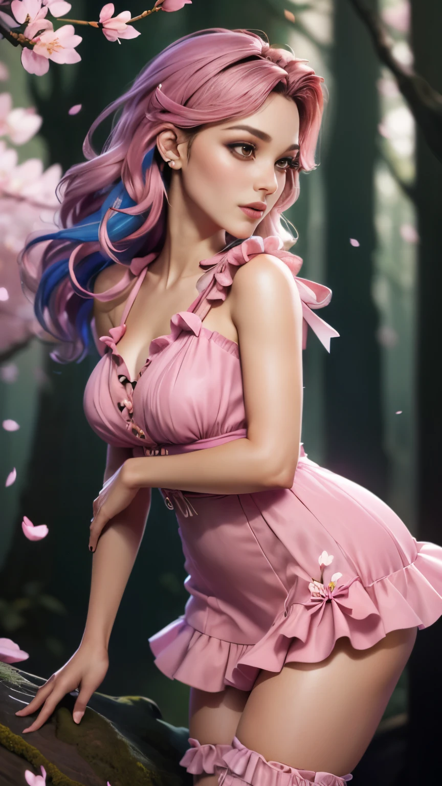 photo of celebrity, RAW, beautiful woman, ((portrait)), ((detailed face, colorful rainbow hair:1.2)), ((detailed facial feature, detailed skin, clear skin, parted lips), (perfect proportioned body, medium breasts, side boob), (wearing pink dress with cherry blossoms, sheer dress, frills and ribbons, pink knee highs, mini skirt, seductive thighs, Dazzling aura around: 1.5)), (high detailed mystical Forest background: 1.3), (side profile, looking at camera: 1.25), (, realistic photo, best quality, detailed), (8k wallpaper), (cinematic lighting, dramatic lighting) (sharp focus, intricate)