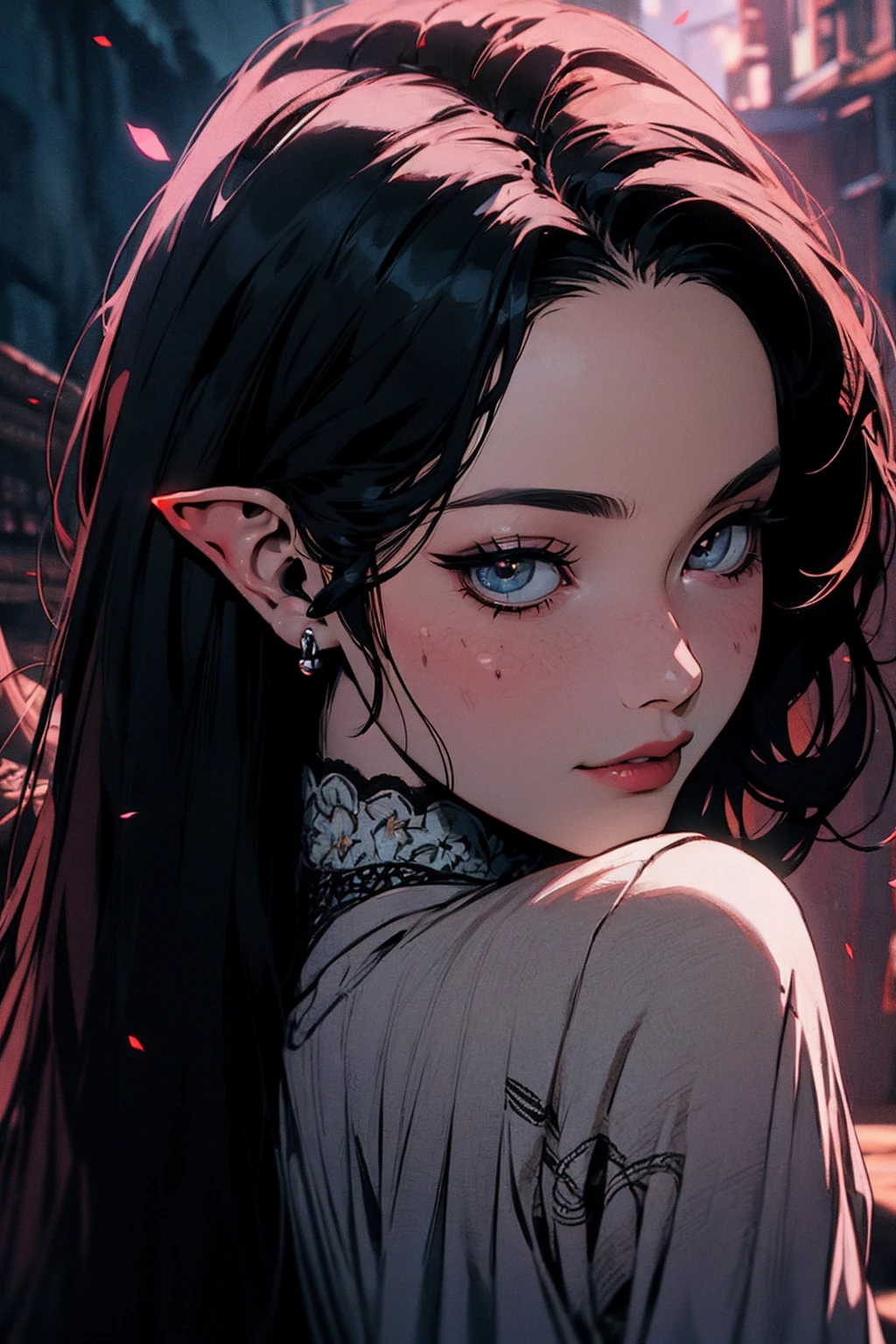 { - anatomy error}(Masterpiece - Ultra-detailed, very high resolution)moonlight, hyper-realistic of a mysterious woman with flowing black hair, ears of elf, piercing opal eyes, and a delicate floral crown, delicate smile, upper body, backwards, looking back, small neck, with chin on shoulder