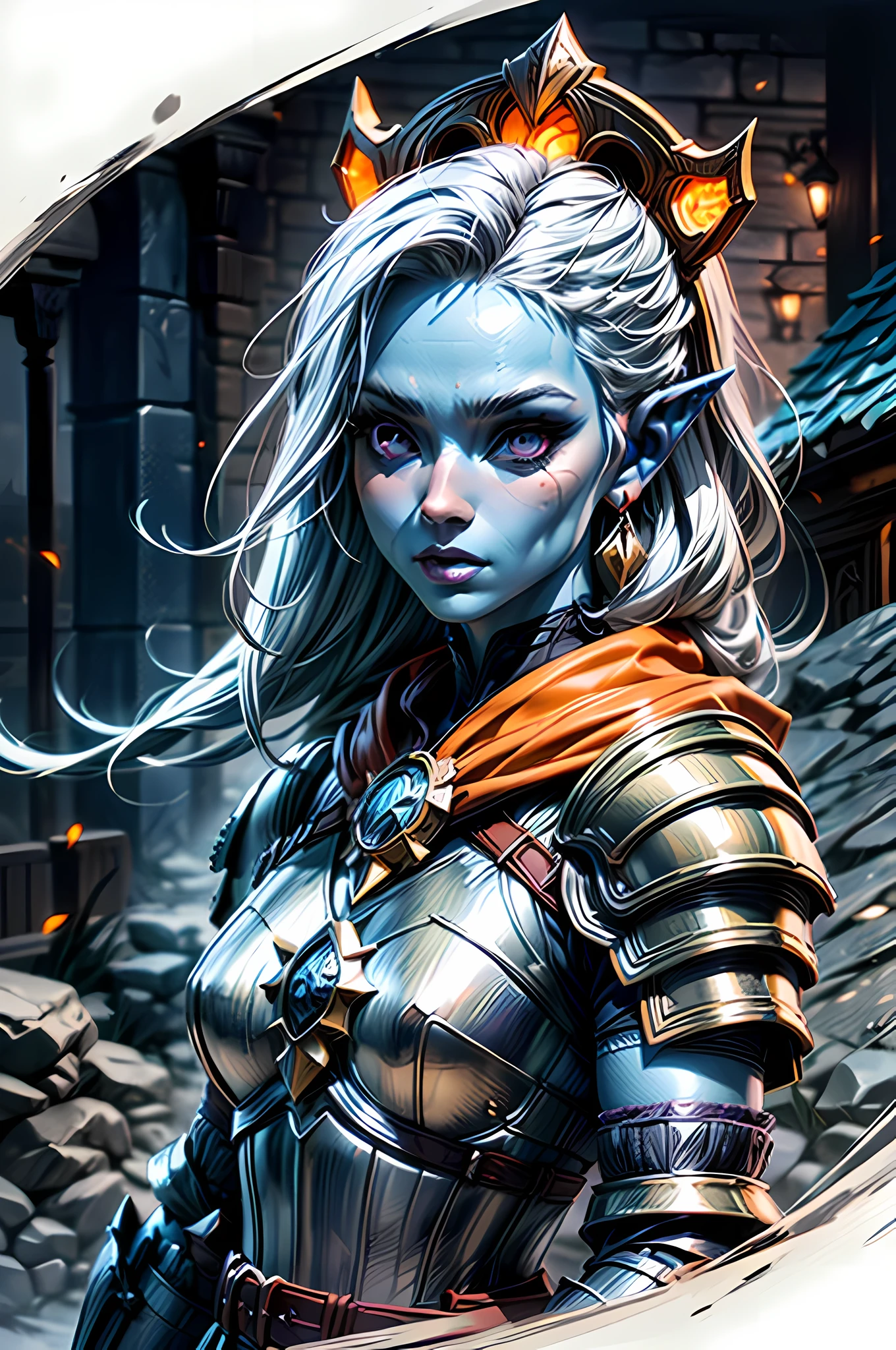 (character design sheet: 1.5) by Larry Elmor, fantasy art, dnd art, RPG art, intense details, highly detailed, photorealistic, best quality, highres, (character design sheet: 1.5) a female (fantasy art, Masterpiece, best quality: 1.3) ((blue skin: 1.5)), intense details facial details, exquisite beauty, (fantasy art, Masterpiece, best quality) cleric, (blue: 1.3) skinned female, (white hair: 1.4), long hair, (hair hides ears: 1.5), (purple eyes: 1.3), fantasy art, Masterpiece, best quality) armed a fiery sword red fire, wearing heavy (white: 1.3) half plate mail armor, wearing high heeled laced boots, wearing an(orange :1.3) cloak, wearing glowing holy symbol GlowingRunes_yellow, within fantasy temple background, reflection light, high details, best quality, 16k, [ultra detailed], masterpiece, best quality, (extremely detailed), close up, ultra wide shot, photorealistic, RAW, fantasy art, dnd art, fantasy art, realistic art,((best quality)), ((masterpiece)), (detailed), perfect face,