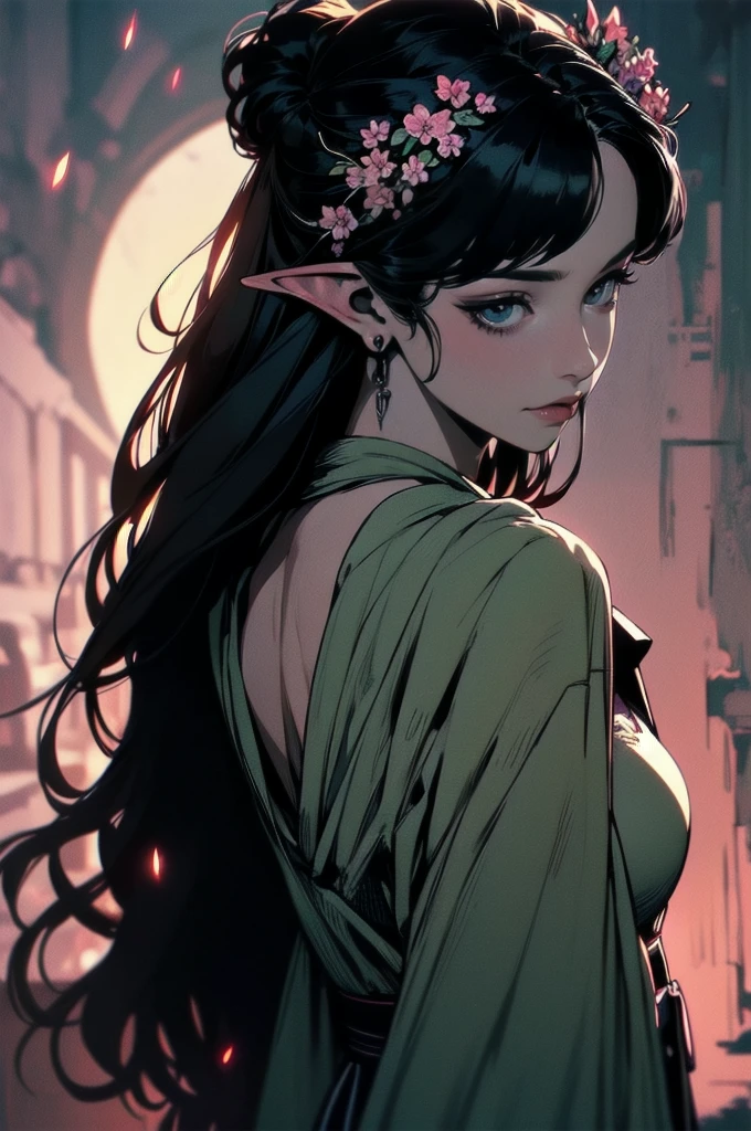 { - anatomy error}(Masterpiece - Ultra-detailed, very high resolution)moonlight, hyper-realistic of a mysterious woman with flowing black hair, ears of elf, piercing opal eyes, and a delicate floral crown, delicate smile, upper body, backwards, looking back, small neck, with chin on shoulder