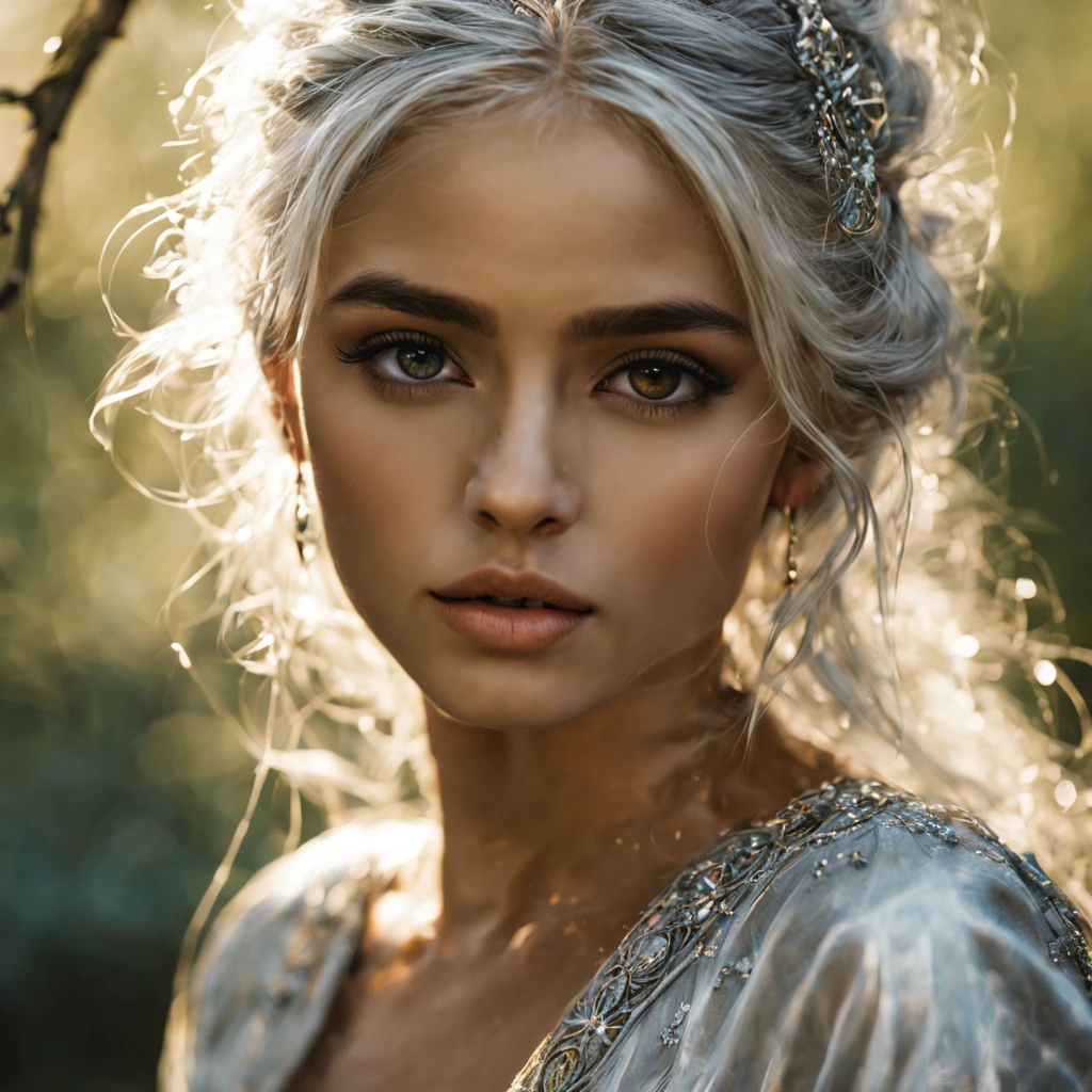 (a beautiful girl|a young woman|a graceful lady) with (shimmering|glistening|silver) ankle-length hair, wearing a (delicate|airy|flowing) tribal outfit (made of|spun from) (fine|delicate) (spider silk|silk), (resembling|similar to) a dark elf. She appears to be around 25 years old. The (immaculate|intricate) tribal patterns on her outfit add to her (mysterious|enchanting) aura. Her (piercing|alluring) eyes are (bright|sparkling) and (full of determination). Her (lipouth) are perfectly shaped and adorned with a (subtle|gentle) hint of color. She is (gracefully|elegantly) (bent down|crouching|stooped) by a (clear|crystal-like) stream, delicately gathering water with her (bare|long-fingered) hands. The stream's clear water reflects the surrounding (lush|vibrant) vegetation, adding a (serene|calming) touch to the scene. (Sunlight|Gentle rays of sunlight) peep through the canopy, (illuminating|highlighting) her (radiant|luminous) features. The atmosphere is filled with a sense of tranquility and (harmony|peace). The image quality is of the utmost importance, with (best quality|4k resolution|ultra-detailed) details. The colors are (vivid|rich|deep), enhancing the overall (visual impact|aesthetic appeal). The lighting is (soft|gentle|subtle) yet (enough to accentuate|perfectly highlighting) the girl's facial features and the landscape. The blend of (nature-inspired|ethereal) tones and shades adds a touch of (mysticism|magic) to the artwork. The artistic style successfully combines elements of fantasy and realism, with a focus on (capturing|portraying) the girl's (natural beauty|ethereal grace). The scene is reminiscent of a (captivating|enchanting) artwork that invites viewers into a world of wonder and awe.