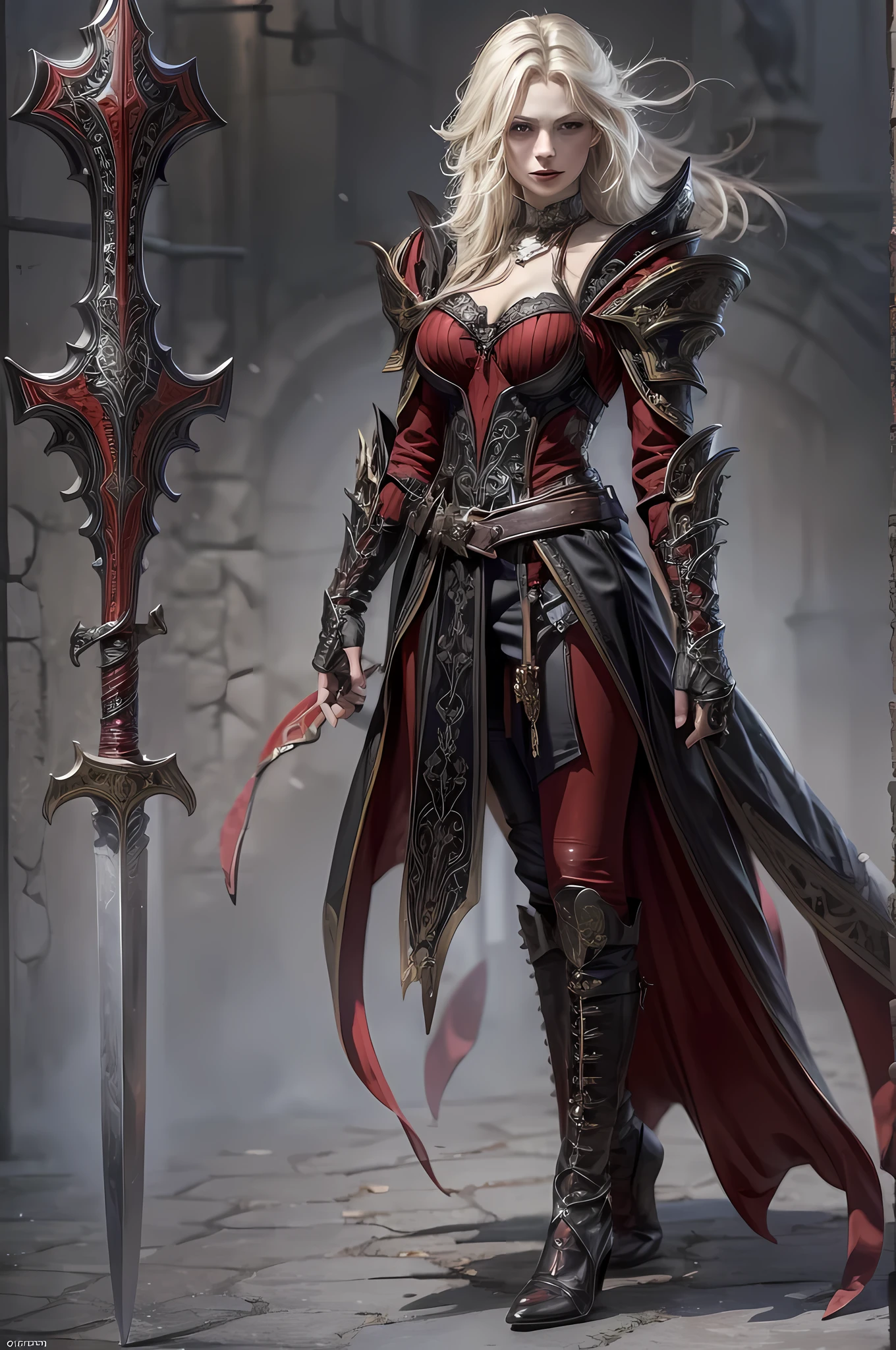 (character design sheet: 1.5) by larry elmor, extremely beautiful female vampire, blond hair, long hair, red eyes, pale skin, wearing intricate dress, holding a (sword: 1.1), high details, best quality, 16k, RAW, [best detailed], masterpiece, best quality, (extremely detailed), full body, ultra wide shot, photorealistic, dark fantasy art, goth art, RPG art, D&D art, aHigh Detail, Ultra High Quality, High Resolution, 16K Resolution, Ultra HD Pictures, Ultra Realistic, Clear Details, Realistic Detail, Ultra High Definition hihelz