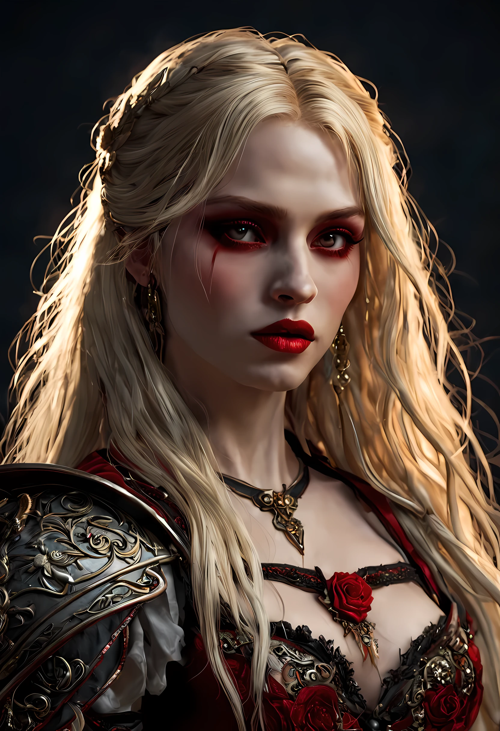 (character design sheet: 1.5) by larry elmor, extremely beautiful female vampire, blond hair, long hair, red eyes, pale skin, wearing intricate dress, holding a (sword: 1.1), high details, best quality, 16k, RAW, [best detailed], masterpiece, best quality, (extremely detailed), full body, ultra wide shot, photorealistic, dark fantasy art, goth art, RPG art, D&D art, aHigh Detail, Ultra High Quality, High Resolution, 16K Resolution, Ultra HD Pictures, Ultra Realistic, Clear Details, Realistic Detail, Ultra High Definition hihelz