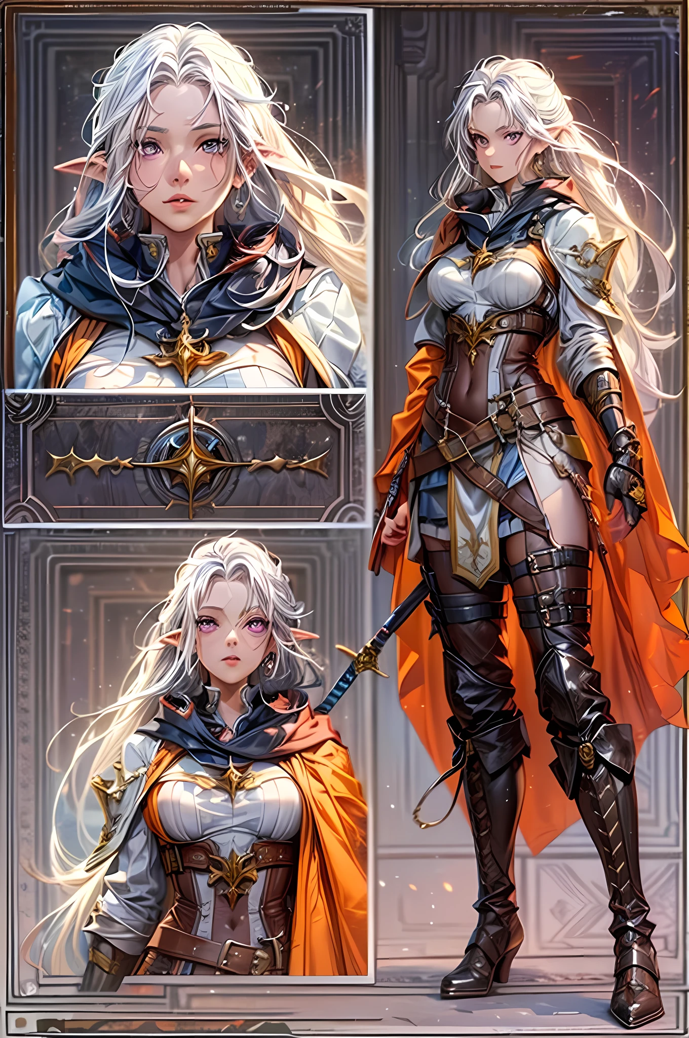 (character design sheet: 1.5) by Larry Elmor, fantasy art, dnd art, RPG art, intense details, highly detailed, photorealistic, (character design sheet: 1.5) a female (fantasy art, Masterpiece, best quality: 1.3) ((blue skin: 1.5)), exquisite beauty, (fantasy art, Masterpiece, best quality) cleric, (blue: 1.3) skinned female, (white hair: 1.4), long hair, (hair hides ears: 1.5), (purple eyes: 1.3), armed a fiery sword red fire, wearing heavy (white: 1.3) wearing an(orange :1.3) cloak, wearing glowing holy symbol GlowingRunes_yellow, photorealistic, RAW, fantasy art, dnd art, fantasy art, realistic art,((best quality)), ((masterpiece)), (detailed), perfect face