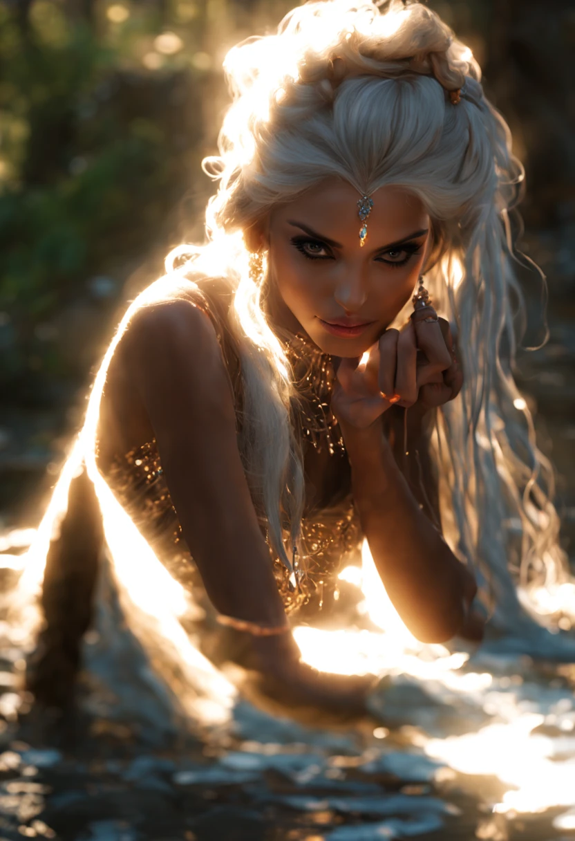 (a beautiful girl|a young woman|a graceful lady) with (shimmering|glistening|silver) ankle-length hair, wearing a (delicate|airy|flowing) tribal outfit (made of|spun from) (fine|delicate) (spider silk|silk), (resembling|similar to) a dark elf. She appears to be around 25 years old. The (immaculate|intricate) tribal patterns on her outfit add to her (mysterious|enchanting) aura. Her (piercing|alluring) eyes are (bright|sparkling) and (full of determination). Her (lipouth) are perfectly shaped and adorned with a (subtle|gentle) hint of color. She is (gracefully|elegantly) (bent down|crouching|stooped) by a (clear|crystal-like) stream, delicately gathering water with her (bare|long-fingered) hands. The stream's clear water reflects the surrounding (lush|vibrant) vegetation, adding a (serene|calming) touch to the scene. (Sunlight|Gentle rays of sunlight) peep through the canopy, (illuminating|highlighting) her (radiant|luminous) features. The atmosphere is filled with a sense of tranquility and (harmony|peace). The image quality is of the utmost importance, with (best quality|4k resolution|ultra-detailed) details. The colors are (vivid|rich|deep), enhancing the overall (visual impact|aesthetic appeal). The lighting is (soft|gentle|subtle) yet (enough to accentuate|perfectly highlighting) the girl's facial features and the landscape. The blend of (nature-inspired|ethereal) tones and shades adds a touch of (mysticism|magic) to the artwork. The artistic style successfully combines elements of fantasy and realism, with a focus on (capturing|portraying) the girl's (natural beauty|ethereal grace). The scene is reminiscent of a (captivating|enchanting) artwork that invites viewers into a world of wonder and awe.