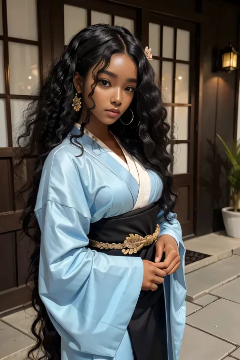 masterpiece, best quality, beautiful black and Asian mixed 19 year old, ebony skin female, long, frizzy, curly dark hair, perfec...