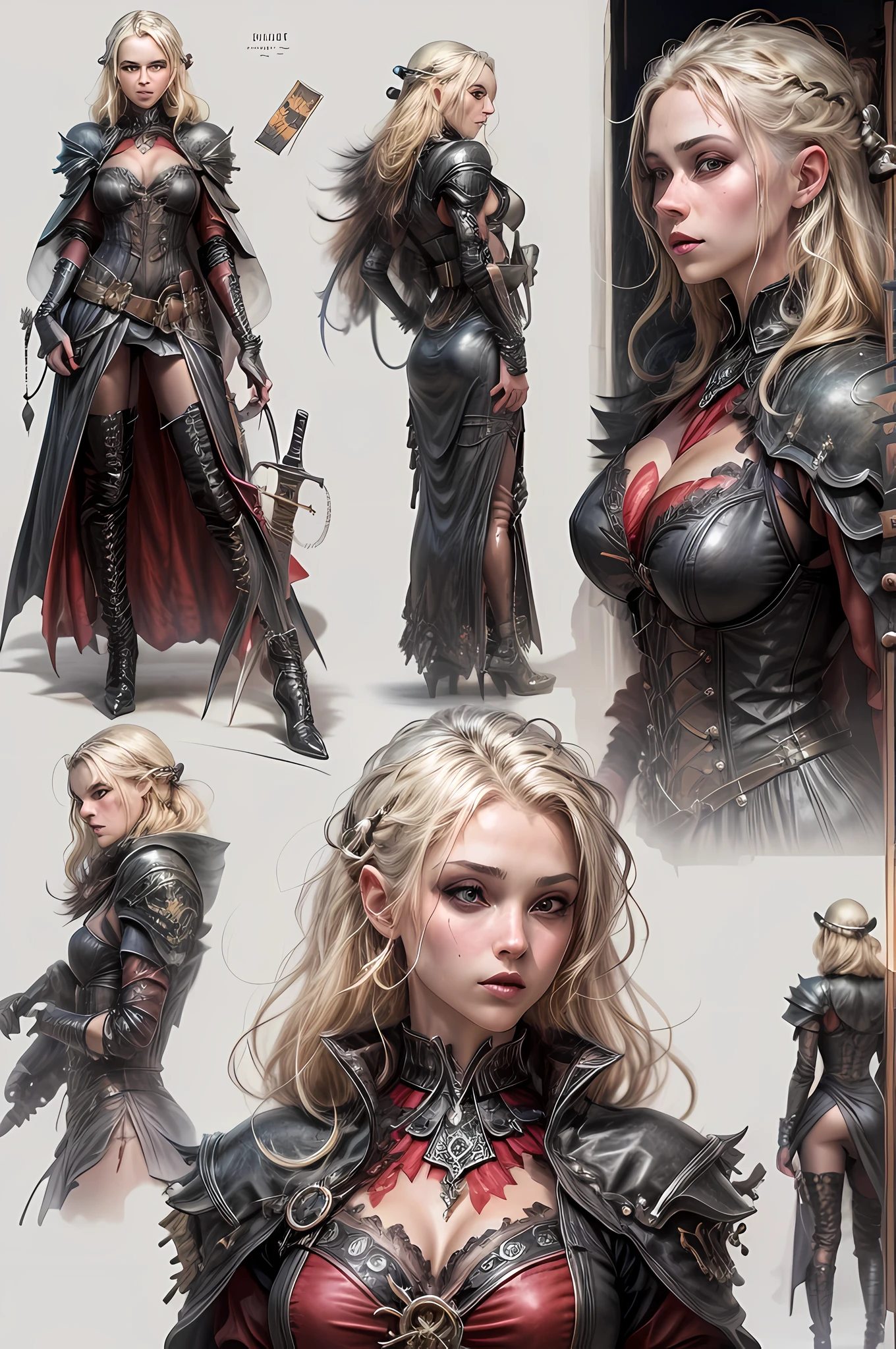 (character design sheet: 1.5) by larry elmor, extremely beautiful female vampire, blond hair, long hair, red eyes, pale skin, wearing intricate dress, holding a (sword: 1.1), high details, best quality, 16k, RAW, [best detailed], masterpiece, best quality, (extremely detailed), full body, ultra wide shot, photorealistic, dark fantasy art, goth art, RPG art, D&D art, aHigh Detail, Ultra High Quality, High Resolution, 16K Resolution, Ultra HD Pictures, Ultra Realistic, Clear Details, Realistic Detail, Ultra High Definition hihelz, wearing collar