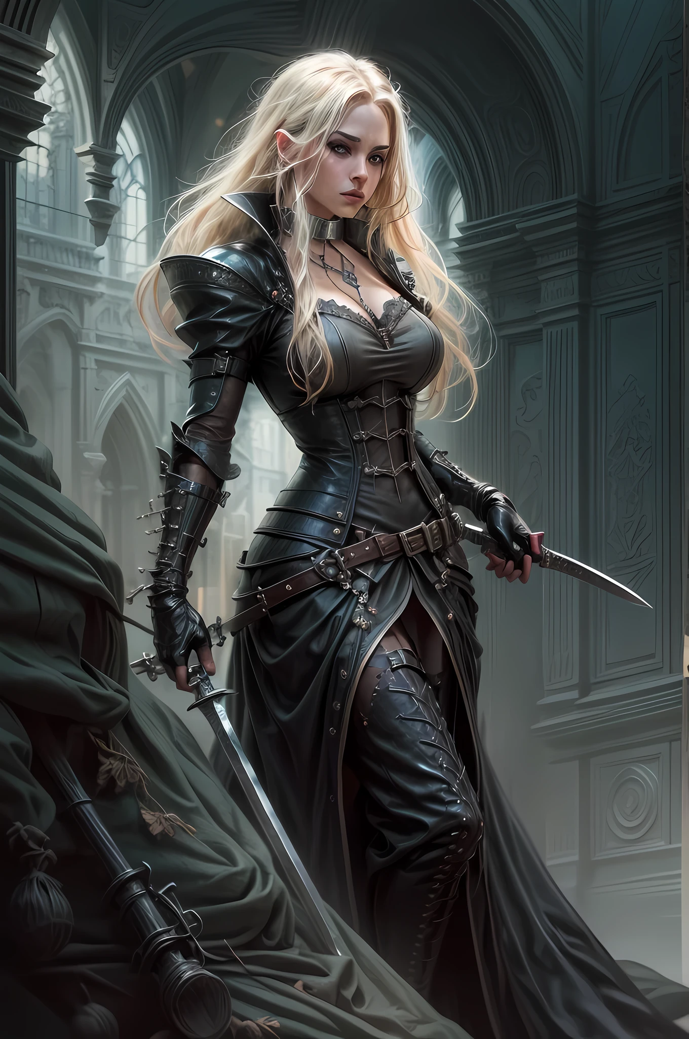 (character design sheet: 1.5) by larry elmor, extremely beautiful female vampire, blond hair, long hair, red eyes, pale skin, wearing intricate dress, holding a (sword: 1.1), high details, best quality, 16k, RAW, [best detailed], masterpiece, best quality, (extremely detailed), full body, ultra wide shot, photorealistic, dark fantasy art, goth art, RPG art, D&D art, aHigh Detail, Ultra High Quality, High Resolution, 16K Resolution, Ultra HD Pictures, Ultra Realistic, Clear Details, Realistic Detail, Ultra High Definition hihelz, wearing collar