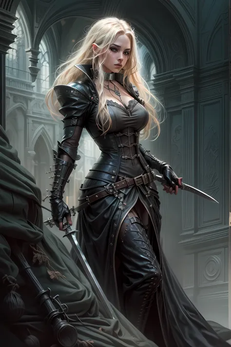 (character design sheet: 1.5) by larry elmor, extremely beautiful female vampire, blond hair, long hair, red eyes, pale skin, we...