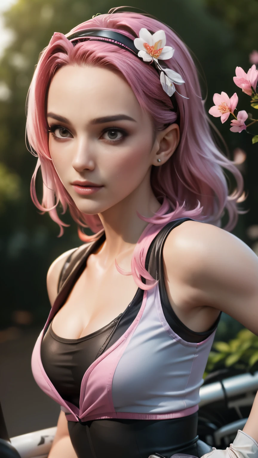 photo of celebrity, RAW, beautiful woman, ((portrait)), ((detailed face, colorful rainbow hair:1.2)), ((detailed facial feature, detailed skin, clear skin, parted lips), (perfect proportioned body, medium breasts, cleavage), (wearing Sakura cosplay, hairband, forehead protector, sleeveless shirt, gloves, bike shorts: 1.5)), (high detailed peaceful gardens，The garden is filled with pink and white flowers: 1.3), (realistic photo, best quality, detailed), (8k wallpaper), (cinematic lighting, dramatic lighting) (sharp focus, intricate)