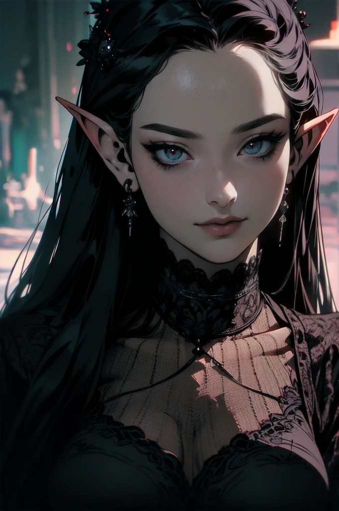 { - anatomy error}(Masterpiece - Ultra-detailed, very high resolution)hyper-realistic of a mysterious woman with flowing black hair, ears of elf, piercing opal eyes, and a delicate lace crown, delicate smile, upper body