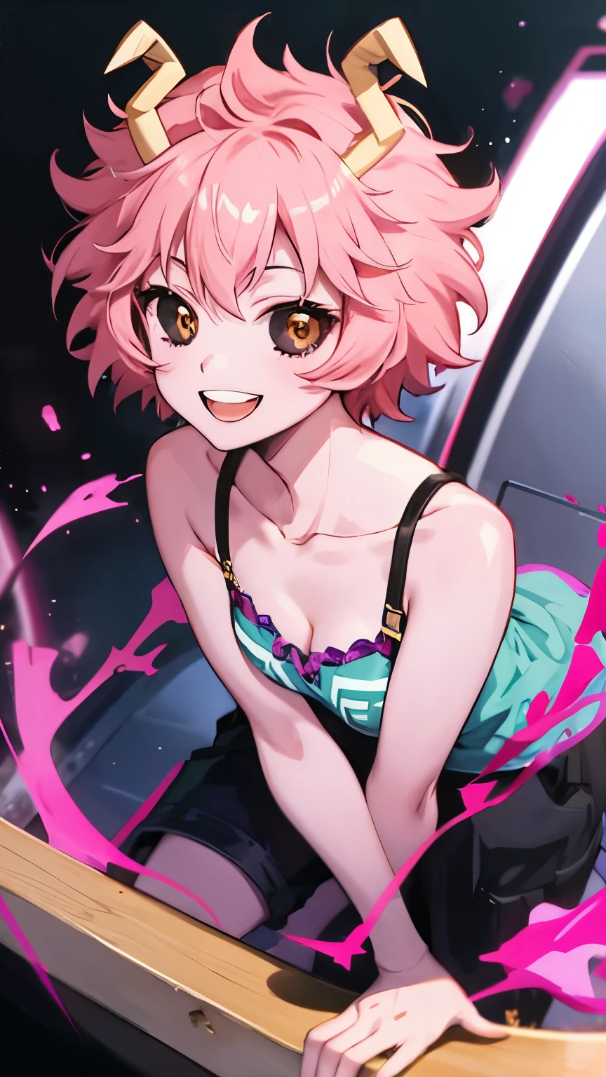 Anime girl with pink hair and horns leaning on a skateboard - SeaArt AI