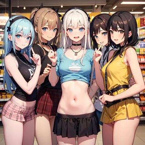 ((highest quality)), ((masterpiece)), (3 girls:1.5), Three cute girls are posing for the camera in a supermarket, (shirtを持ち上げる:1...