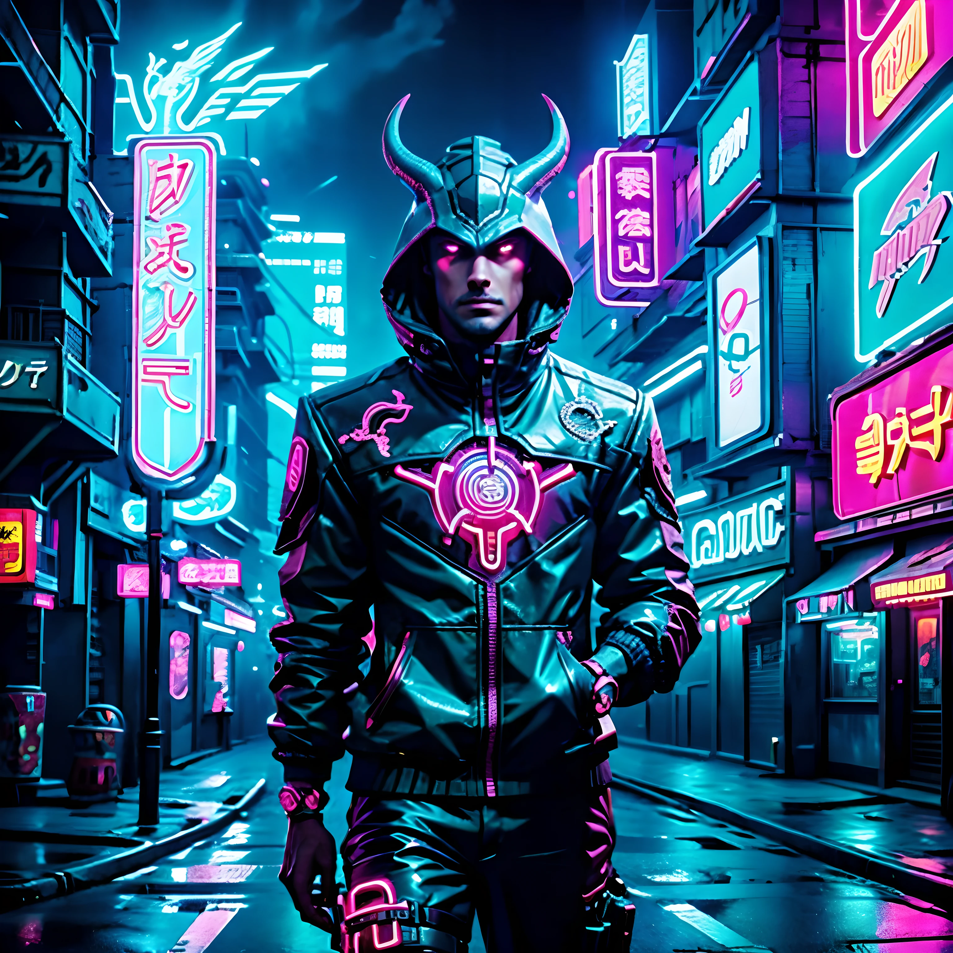 Drache im futuristischen Stil auf einer Cyberpunk-Stadtstraße mit Neonlichtern