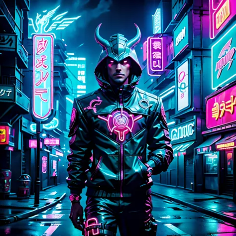 dragon in futuristic style on a cyberpunk city street with neon lights
