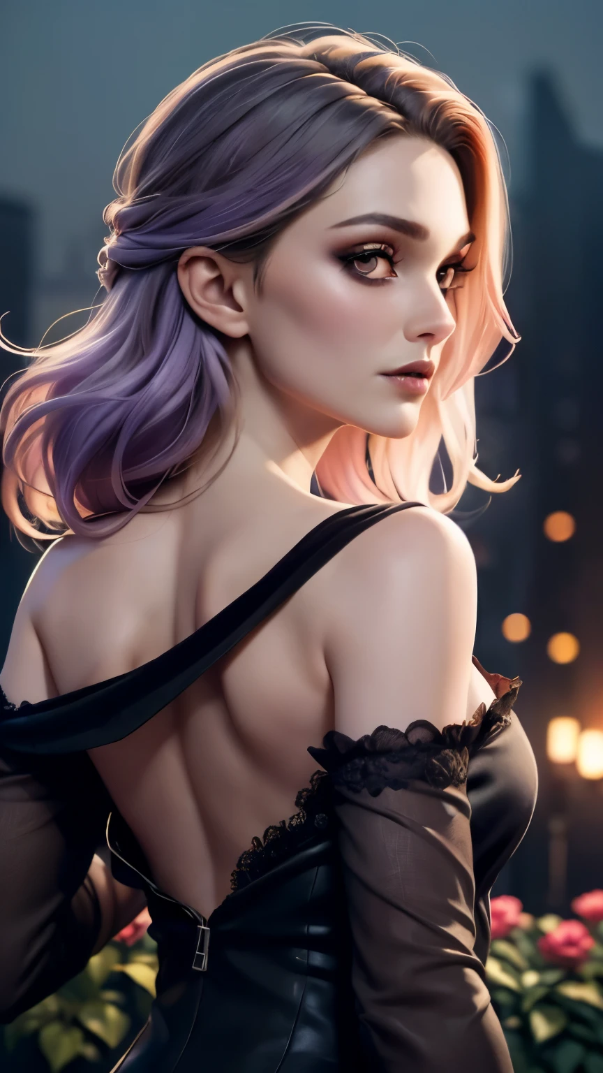 photo of celebrity, RAW, beautiful woman, ((portrait)), ((detailed face, colorful rainbow hair:1.2)), ((detailed facial feature, detailed skin, clear skin, parted lips), (perfect proportioned body, medium breasts, side boob), (wearing Flowing Black Dress, dress falling down off shoulders, getting undressed, gothic fashion, lace and velvet, pale skin, dark makeup, NSFW: 1.5)), (high detailed dark & spooky gardens，The garden is filled with purple and black flowers: 1.3), (side profile, looking at camera: 1.25), (, realistic photo, best quality, detailed), (8k wallpaper), (cinematic lighting, dramatic lighting) (sharp focus, intricate)