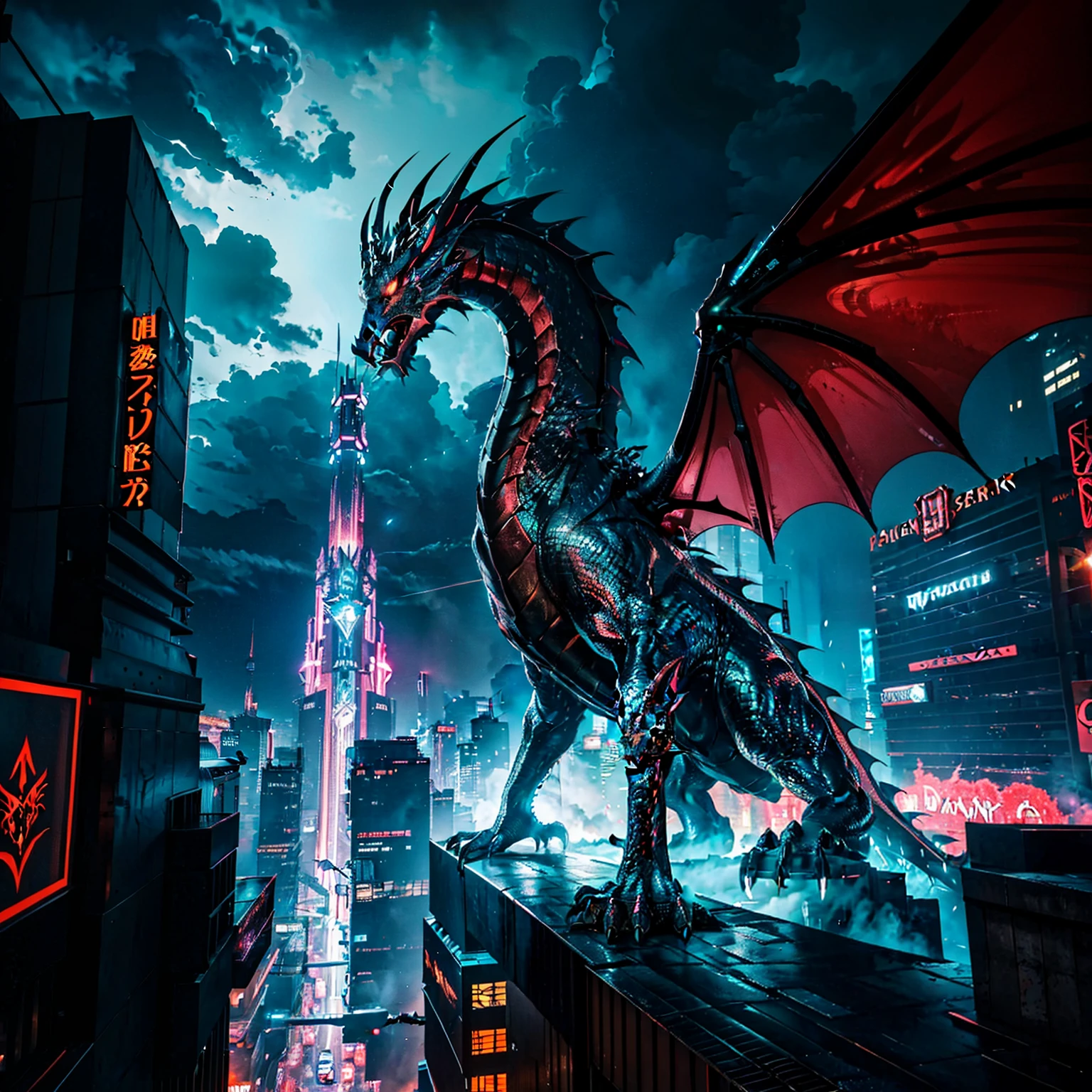 un dragon,dragon dans la ville de nuit,néons,ville cyberpunk,futuriste,technologie de pointe,bâtiments en acier,lumières chatoyantes,fils incandescents,Voitures volantes dans le ciel,Publicités holographiques,Les avancées technologiques,figures d&#39;ombre,Structures filaires,couleurs vives,des affichages éblouissants,rues enfumées,panneaux d&#39;affichage géants animés,surfaces réfléchissantes,la dégradation urbaine,ruelles sombres,émettant du feu de sa bouche,écailles métalliques,Griffes acérées,yeux brillants,ailes puissantes,Texture écailleuse,mouvements furtifs,présence majestueuse,Libérer son pouvoir,Bruit rugissant,atmosphère menaçante,montée en puissance de l&#39;énergie électrique,paysage urbain la nuit,vue aérienne de la métropole,horizon imposant,architecture impressionnante,esthétique industrielle,intégration de l&#39;intelligence artificielle,ambiance surréaliste,action intense,impact visuel saisissant,récit mystérieux et passionnant,un paysage a couper le souffle,expérience pleine d&#39;adrénaline,le sentiment d&#39;être dans un autre monde,immersif et captivant,images très détaillées,(Meilleure qualité,4k,8k,haute résolution,chef-d&#39;œuvre:1.2),ultra-détaillé,(Réaliste,photoRéaliste,photo-Réaliste:1.37),HDR,UHD,éclairage de studio,bokeh