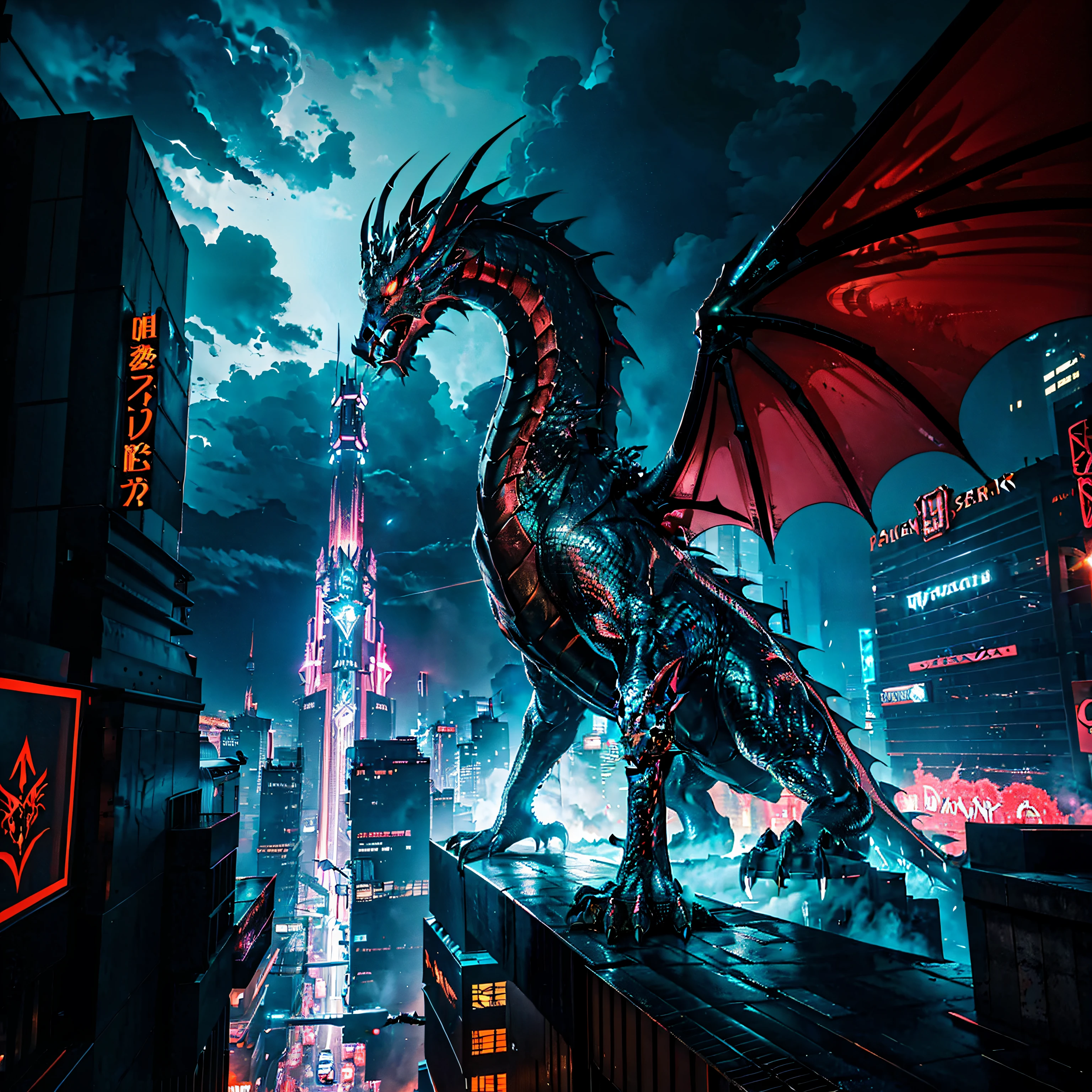 Der Drache,Der Drache в ночном городе,Neonlichter,Cyberpunk city,futuristisch,Hightech,Stahlgebäude,flackernde Lichter,glühende Drähte,fliegende Autos im Himmel,Holografische Werbung,Technologische Fortschritte,dunkle Gestalten,Rahmenstrukturen,Helle Farben,schillernde Displays,verrauchte Straßen,riesige animierte Werbetafeln,reflektierende Oberflächen,Verfall der Städte,Dunkle Hintergassen,Feuer aus seinem Mund ausstoßen,Metallwaagen,scharfe Krallen,leuchtende Augen,Mächtige Flügel,schuppige Textur,verborgene Bewegungen,majestätische Präsenz,deine Kraft enthüllen,dröhnendes Geräusch,bedrohliche Atmosphäre,elektrischer Energieschub,Stadtbild bei Nacht,Luftaufnahme der Metropole,Beeindruckender Horizont,beeindruckende Architektur,industrielle Ästhetik,Integration künstlicher Intelligenz,Surreale Atmosphäre,intensive Aktion,markante visuelle Wirkung,geheimnisvolle und fesselnde Geschichte,atemberaubende Landschaft,Erfahrung, Gefüllt mit Adrenalin,Gefühl, in einer anderen Welt zu sein,aufregend und aufregend,Sehr detaillierte Bilder,(beste Qualität,4k,8K,Eine hohe Auflösung,Meisterwerk:1.2),Extrem detailliert,(realistisch,photorealistisch,photo-realistisch:1.37),HDR,UHD,Studiobeleuchtung,Hüften